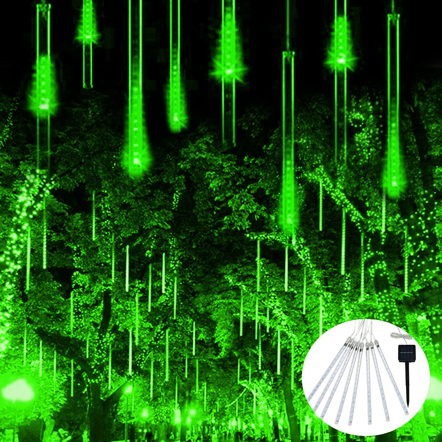 Jmexsuss Green Solar Meteor Shower Rain Lights, 8 Tube 144 Leds Halloween Lights For Xmas Halloween Tree Party Holiday Patio Dec