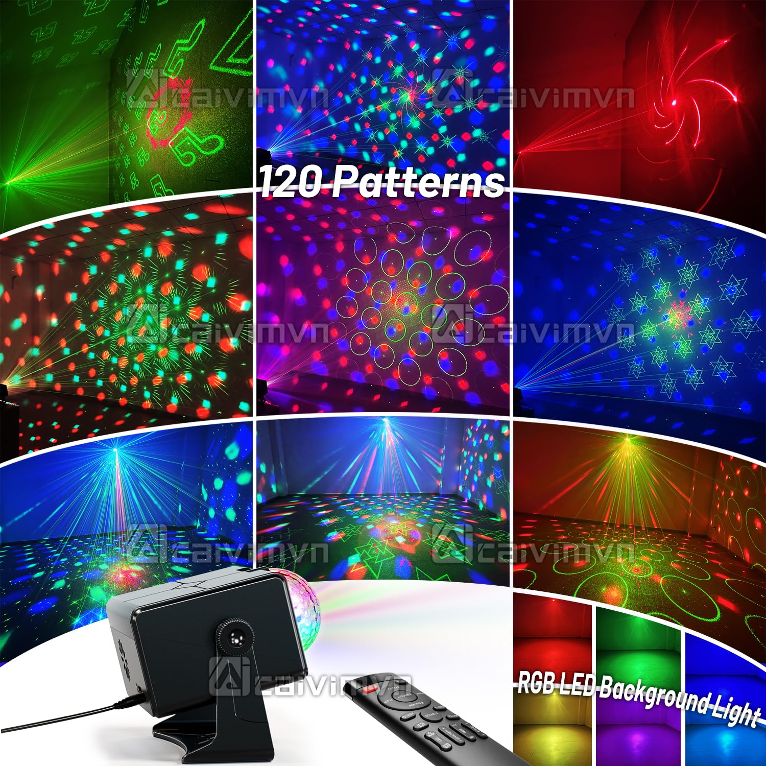 caivimvn Disco Lights, Sound Activated LED DJ Strobe Light, Remote Control, Party Lights Pro, Black, Model 1013
