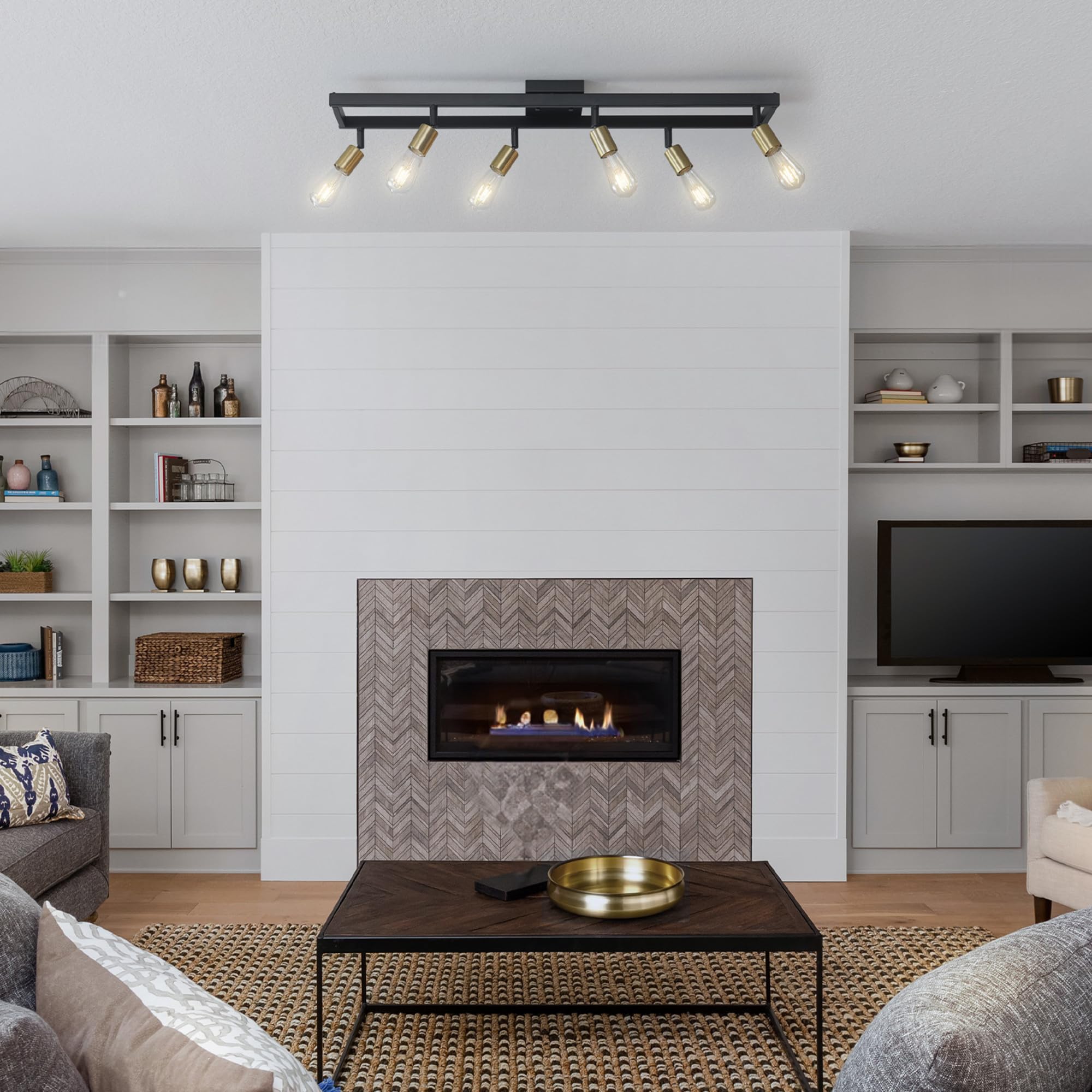 Globe Electric 64000096 36'' 6-Light Track Lighting, Matte Black, Matte Brass Pivot Sockets, Ceiling Lamp For Bedroom, Kitchen,