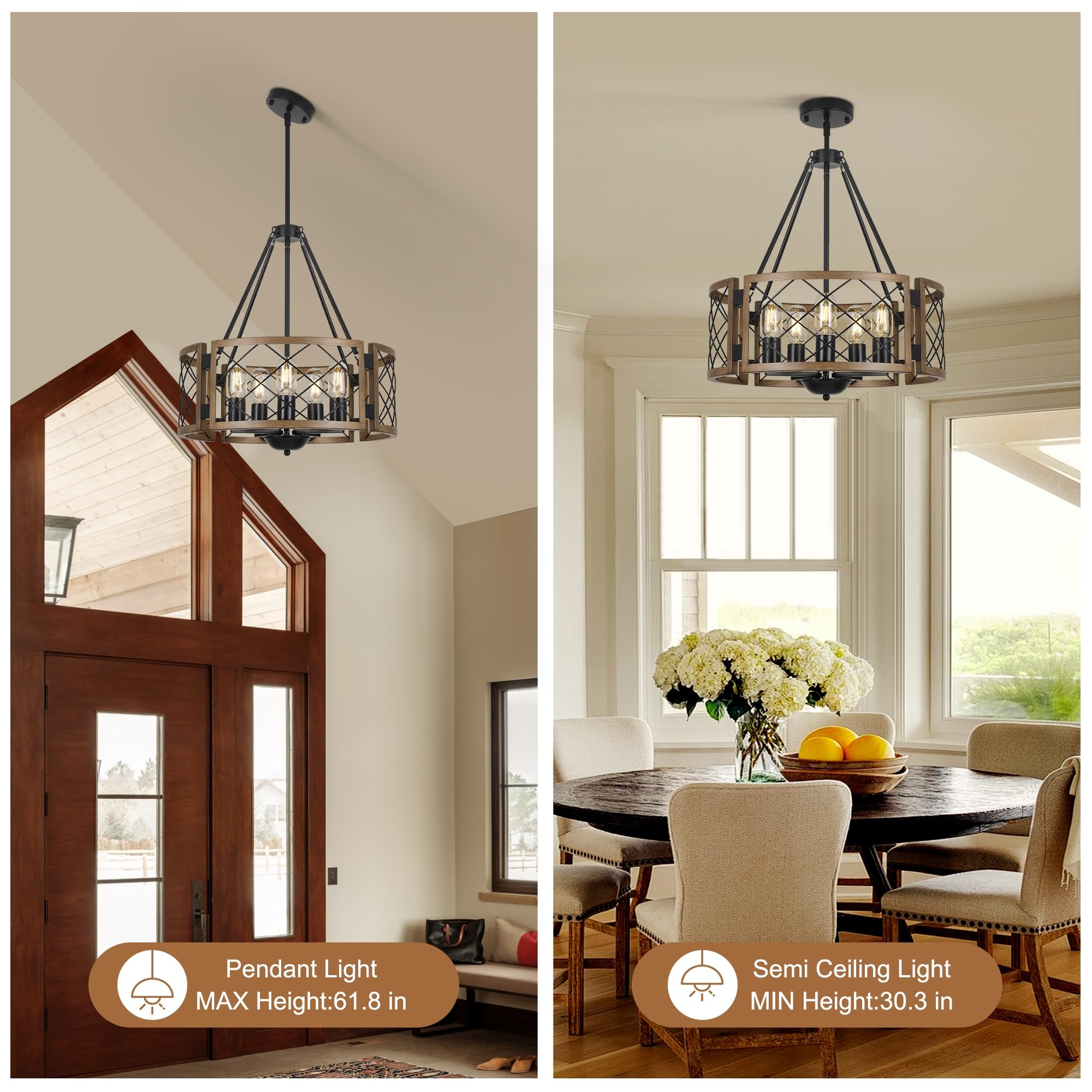 Sigaitwei 5-Light Brown Farmhouse Chandelier, 18.9in Adjustable Pendant Light for Dining Room, Kitchen, Entryway, Model 11c0b454