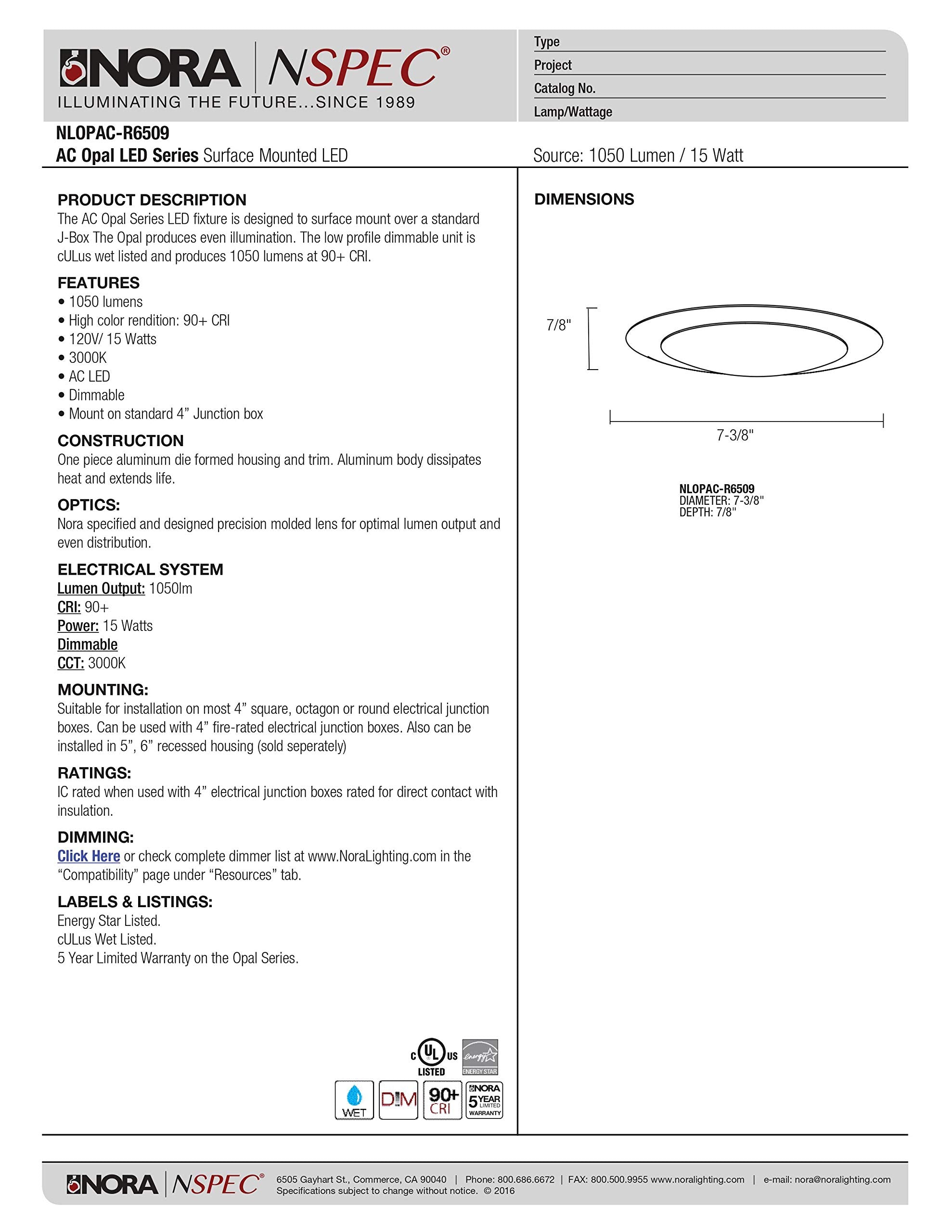 Nora Lighting Nlopac-R650930Aw- 6    Ac Opal- Led Surface Mount, Dimmable, Energy Star Certified, 1050 Lumens, 15 Watt, 3000 Kel