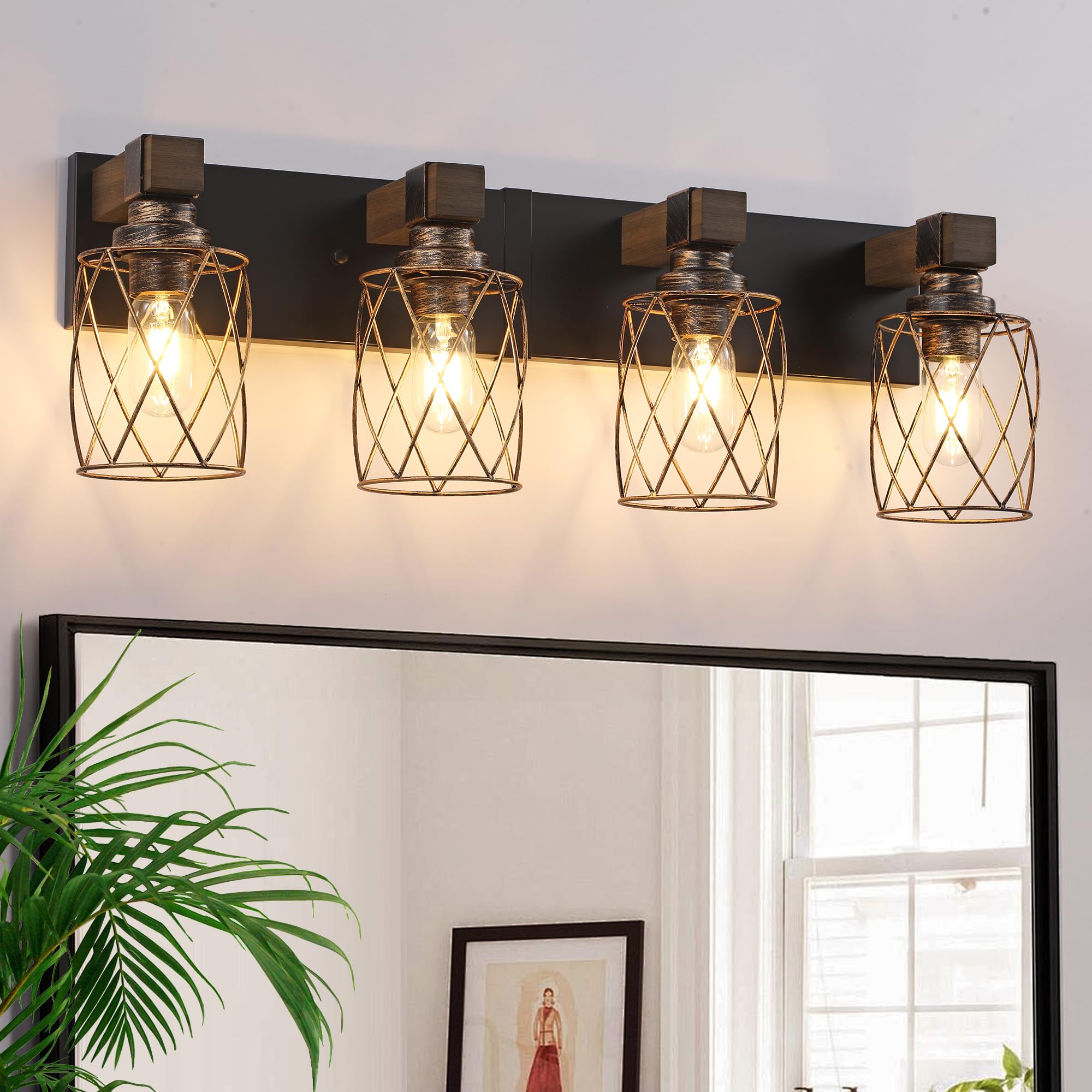 Farmhouse Bathroom Vanity Light  4-Light Wood Bathroom Light Fixtures Over Mirror  Black And Gold Industrial Vanity Lights With Metal Shade  Rustic Bathrooms Lighting For Living Room Bedroom Hallway