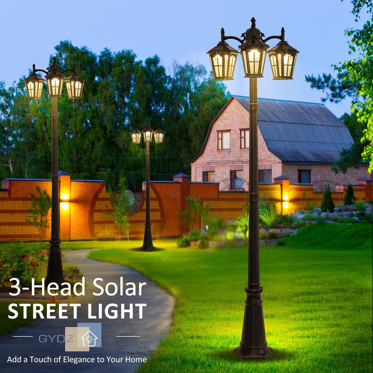 GYDZ 3-Head Solar Street Light, Aluminum with Dusk to Dawn Sensor, Waterproof Black Lamp Post for Backyard, Garden, Driveway, Model 6590-S-SE-GL