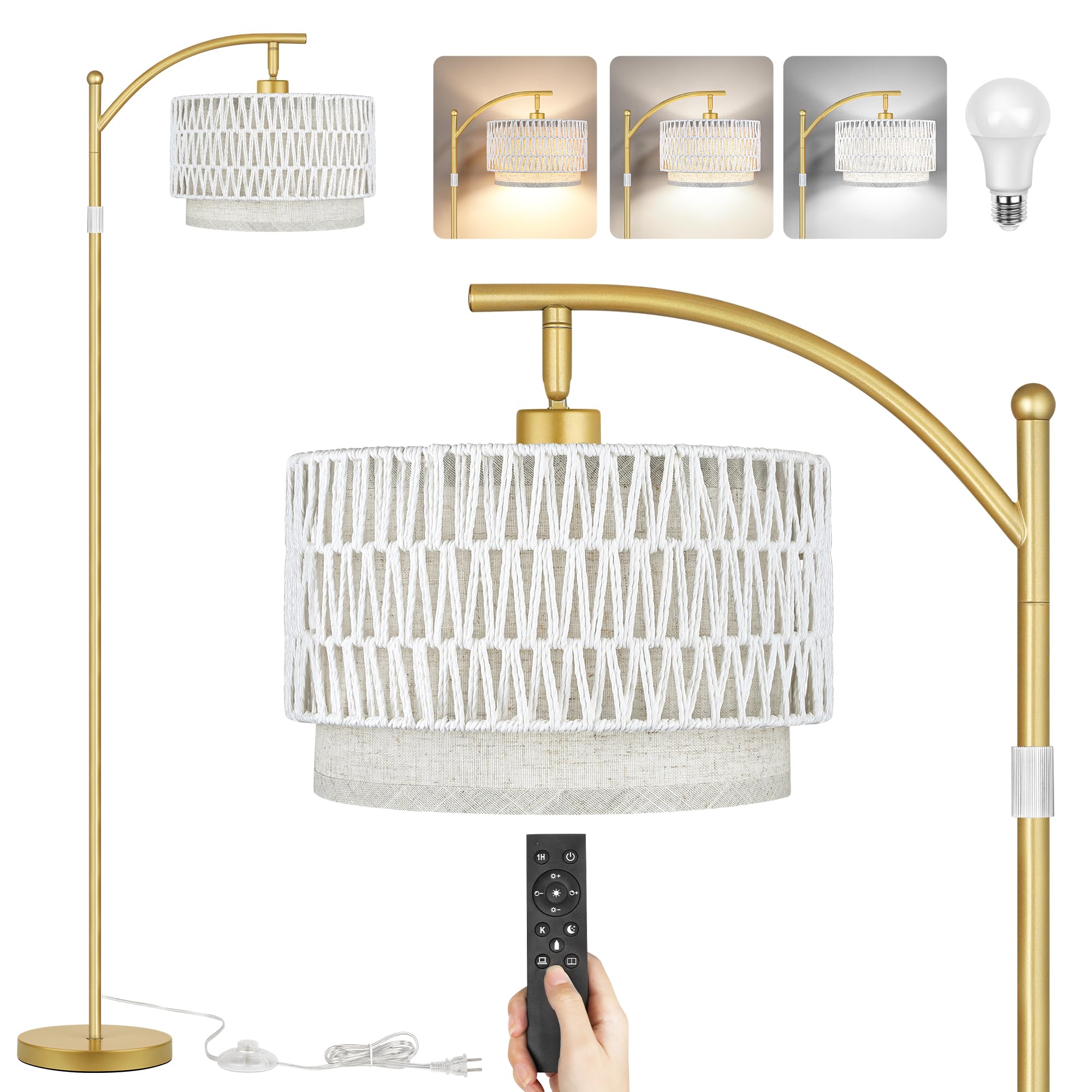 Rattan Floor Lamps For Living Room, Boho Standing Lamps With White Rattan& Linen Double Shades, Arc Lamps Floor Standing With 9W