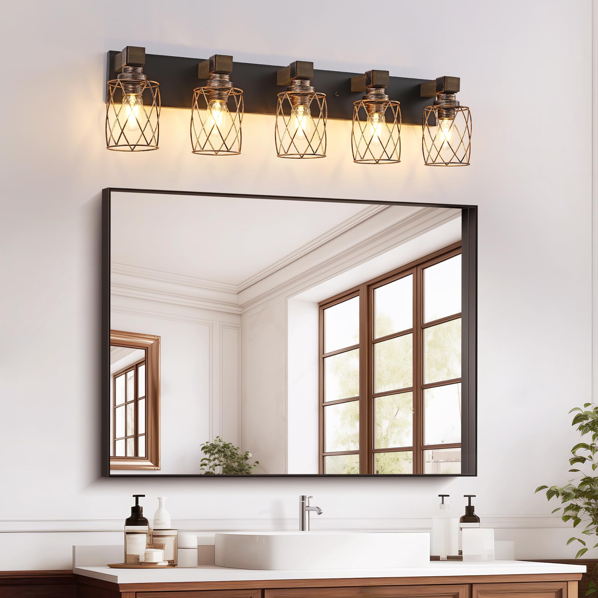 Farmhouse Bathroom Vanity Light  5-Light Wood Bathroom Light Fixtures Over Mirror  Black And Gold Industrial Vanity Lights With Metal Shade  Rustic Bathrooms Lighting For Living Room Bedroom Hallway