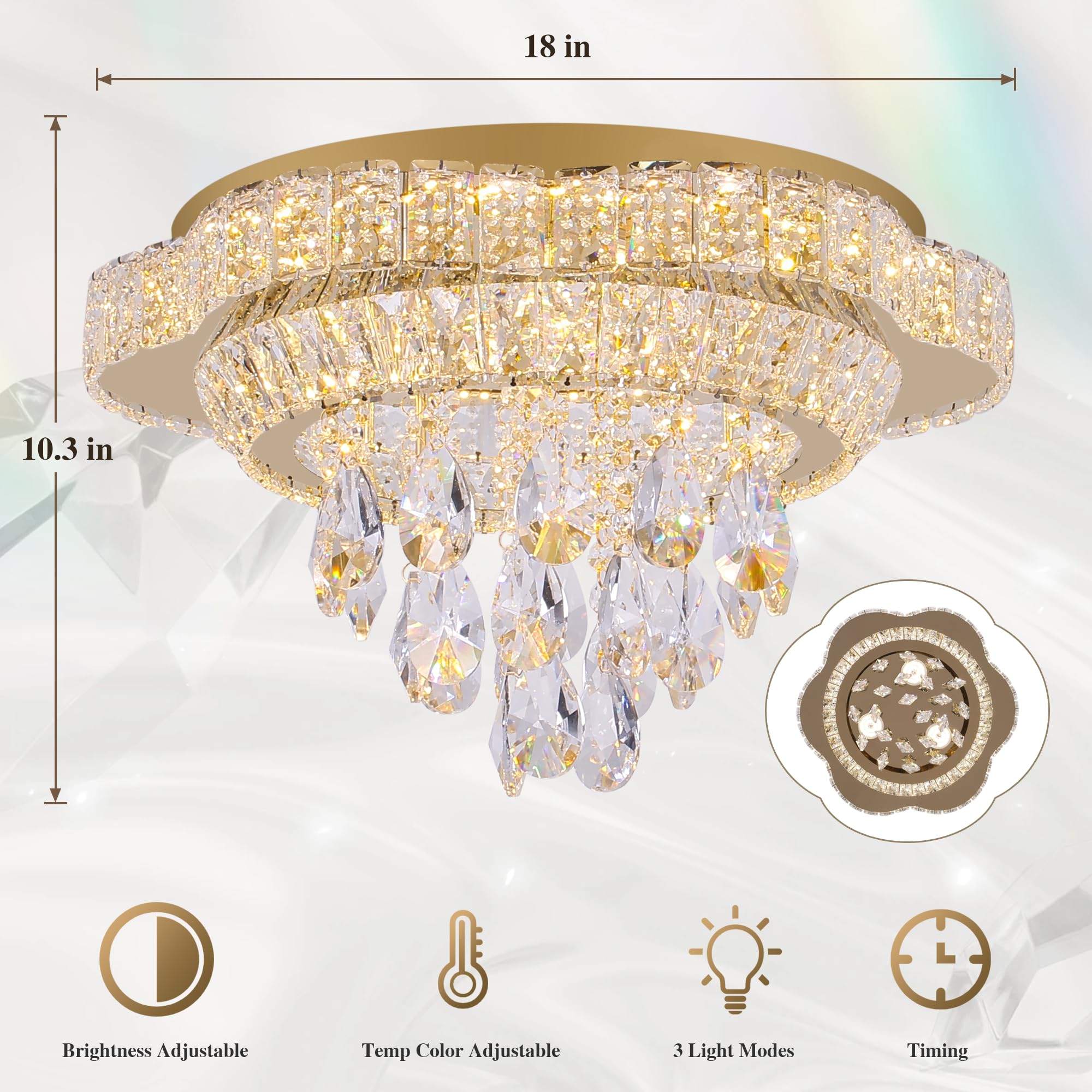 OSGNER 18" Gold Crystal LED Ceiling Light with Remote Control, Dimmable Flush Mount Chandelier for Living Room, Bedroom, Dining Room - Model X505-18-GD