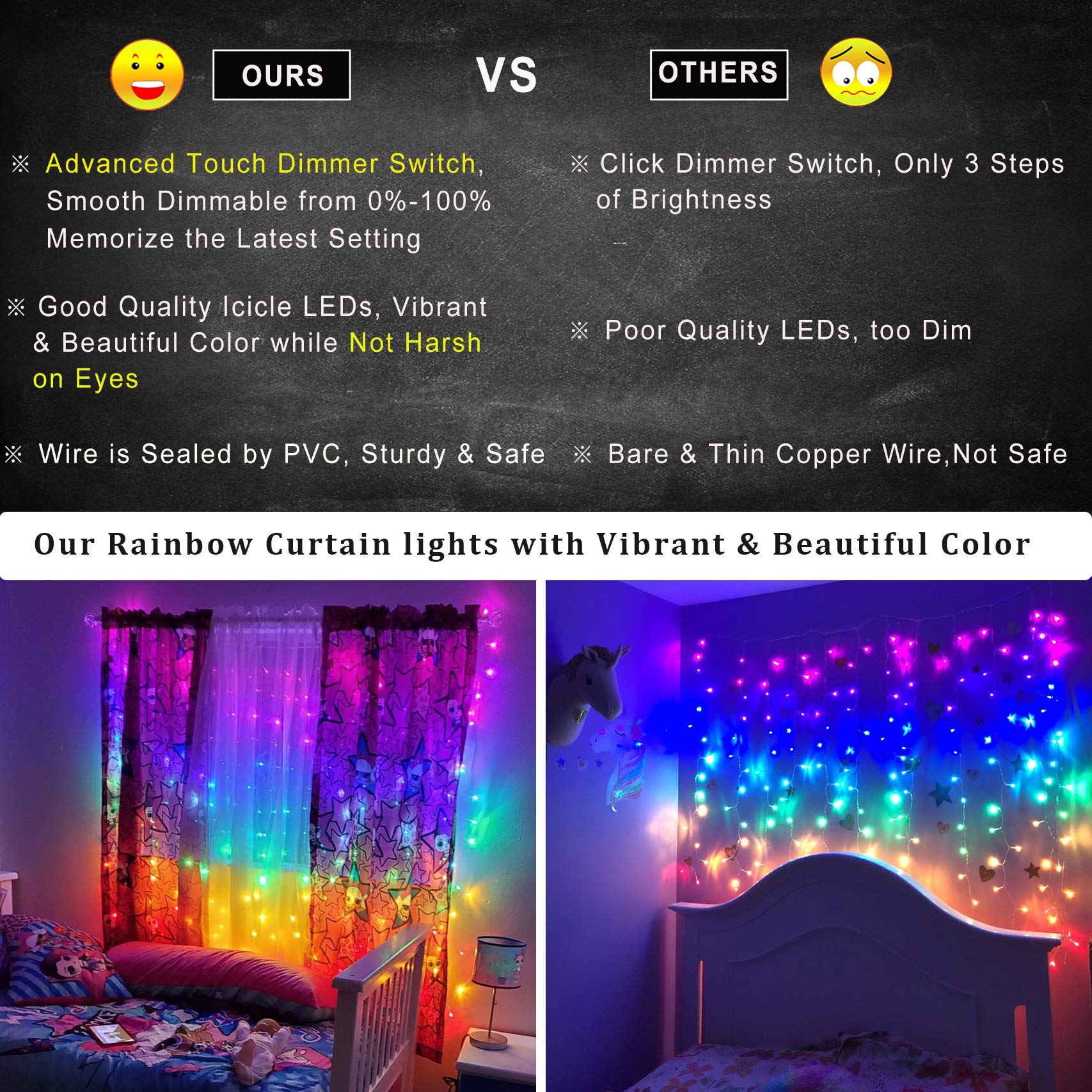 CoziTech Rainbow Fairy String Curtain Lights with Dimmer Switch, LED Icicle Lights for Kids & Teen Rooms, Model CT-RB0505-D
