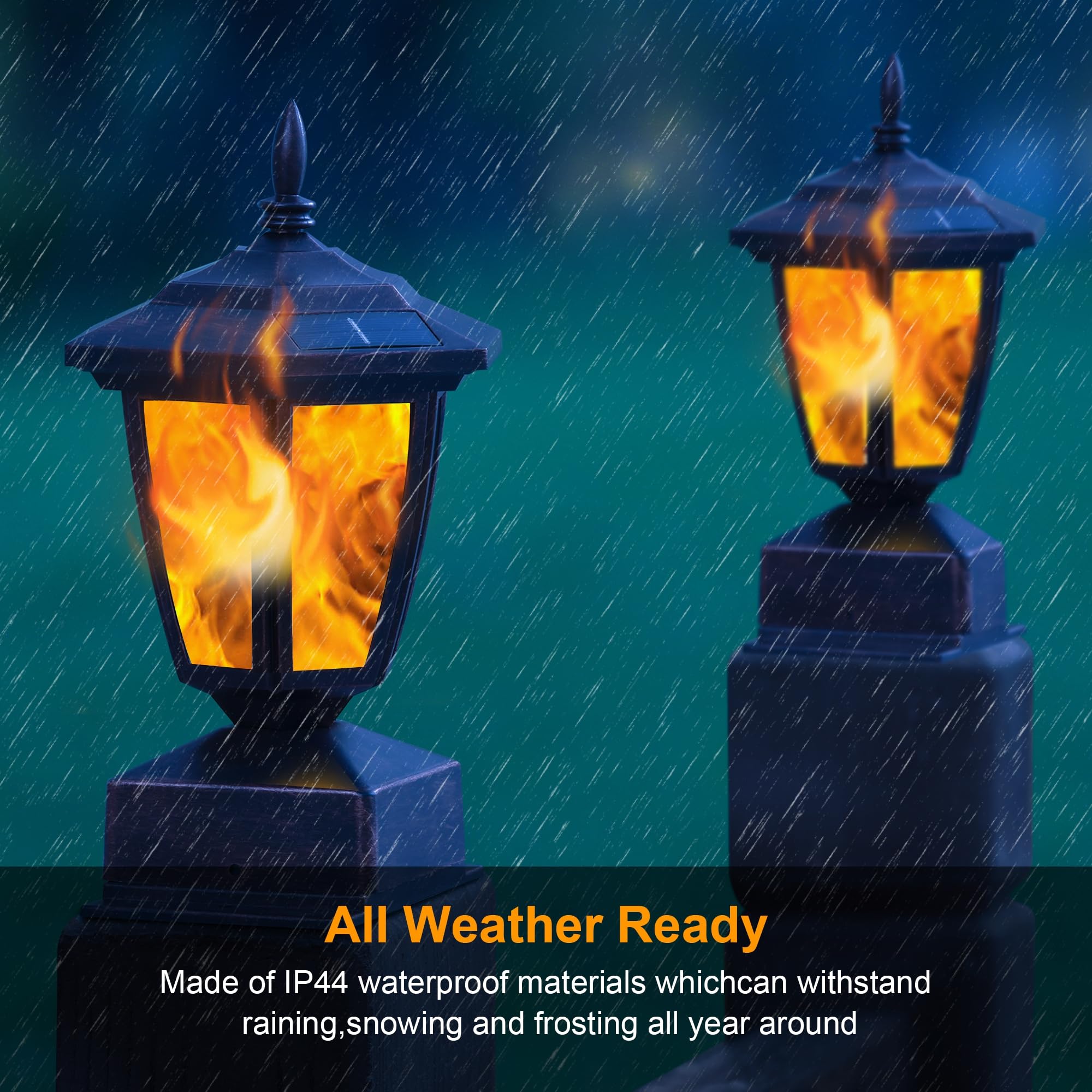 Dynaming 4 Pack Solar Flame Post Lights Outdoor, Solar Powered Lamps Fence Post Cap Lights, Flickering Flame Led Lantern Waterpr