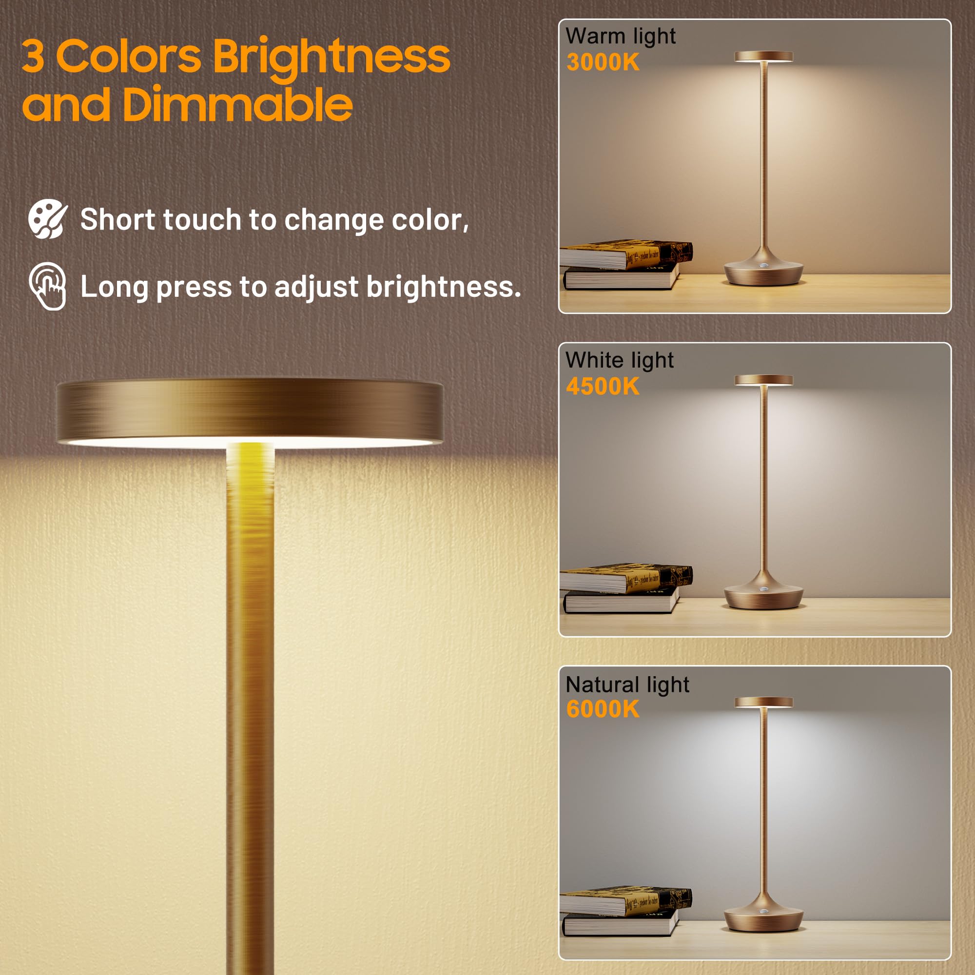 Sikevht Cordless Led Table Lamp - Rechargeable, Waterproof, 3-Color Dimming, Bronze