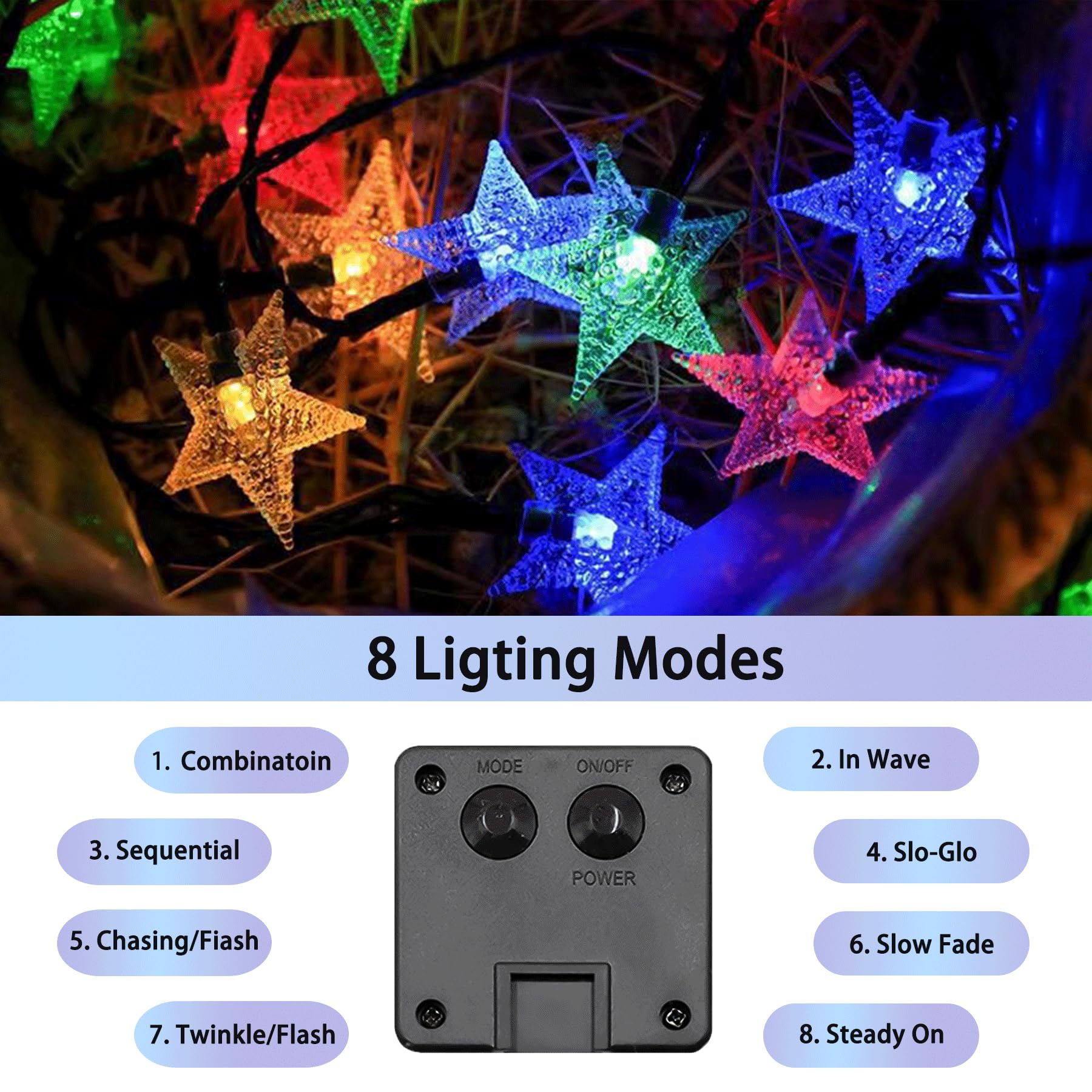 L LAMPOP Twinkle Solar Star String Lights 39FT 100 LED Waterproof Multicolor