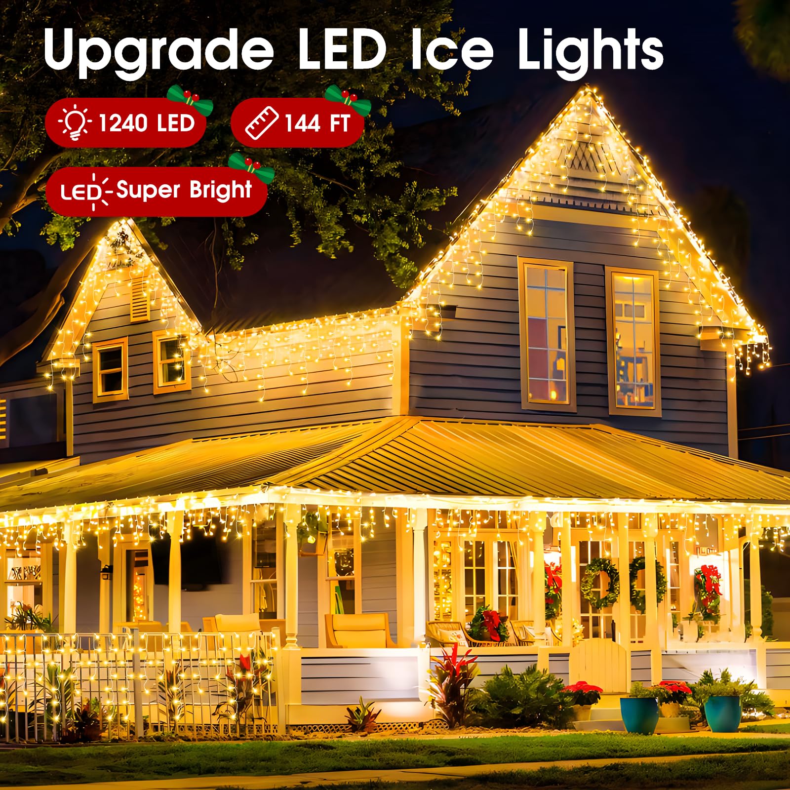 Hezbjiti 1240LED Christmas Lights Outdoor Waterproof String Lights 138FT Warm White HB01-MNO1005-JDY 8 Modes Timer