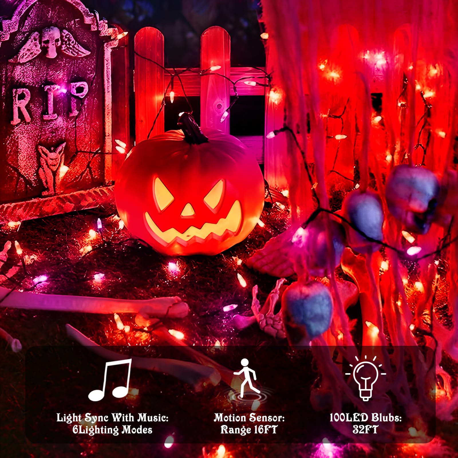 VTECHOLOGY 100 LED Halloween String Lights, 33ft USB & Battery Operated, Purple & Orange, Model QL300IE