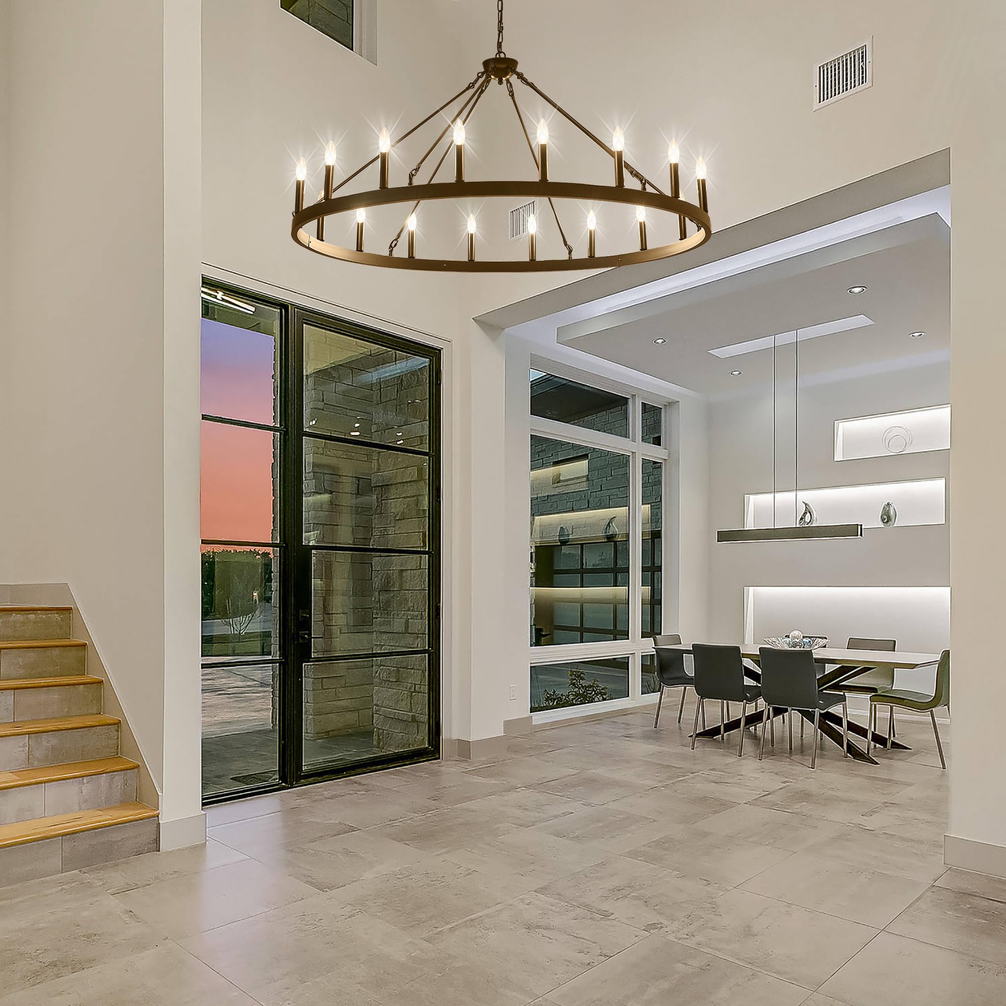 Zbmyrbzj 53&quot; Black Wagon Wheel Chandelier, 18-Light Industrial Ceiling Light For High Ceilings