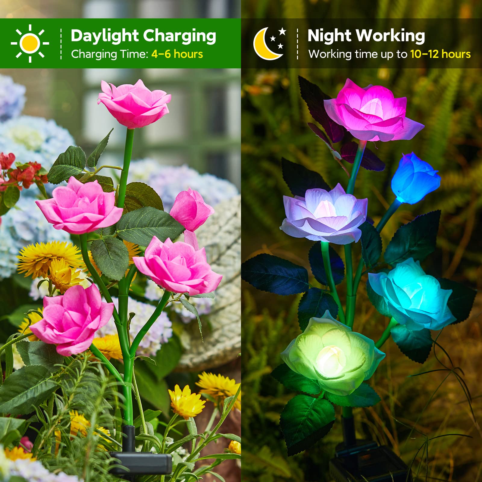 Rechoo Solar Garden Lights - 6 Pack Color Changing Rose Flowers, Waterproof Outdoor Decor, Yellow/White/Pink