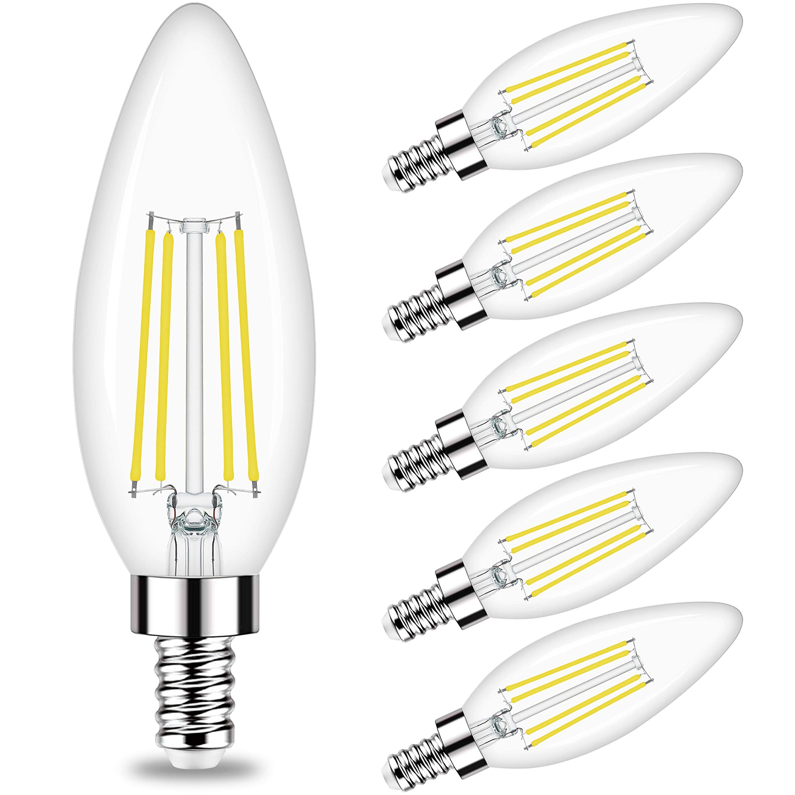 Honesorn LED Candelabra Bulb 5000K Daylight Dimmable 60W Equivalent Glass Pack of 6