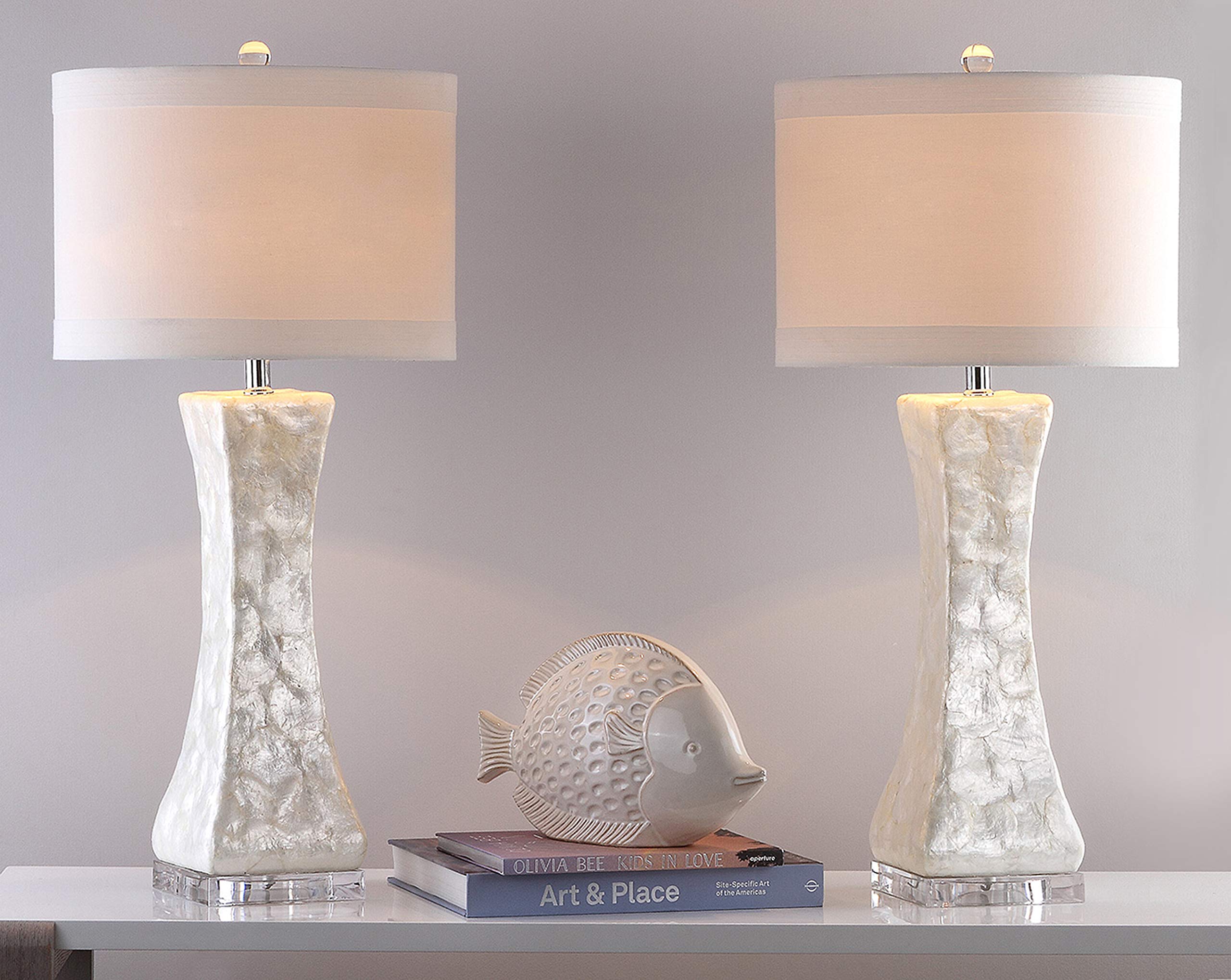SAFAVIEH Lighting Collection Shelley White Concave 31-inch Table Lamp Set of 2 with USB Charging Port (LED Bulbs Included)