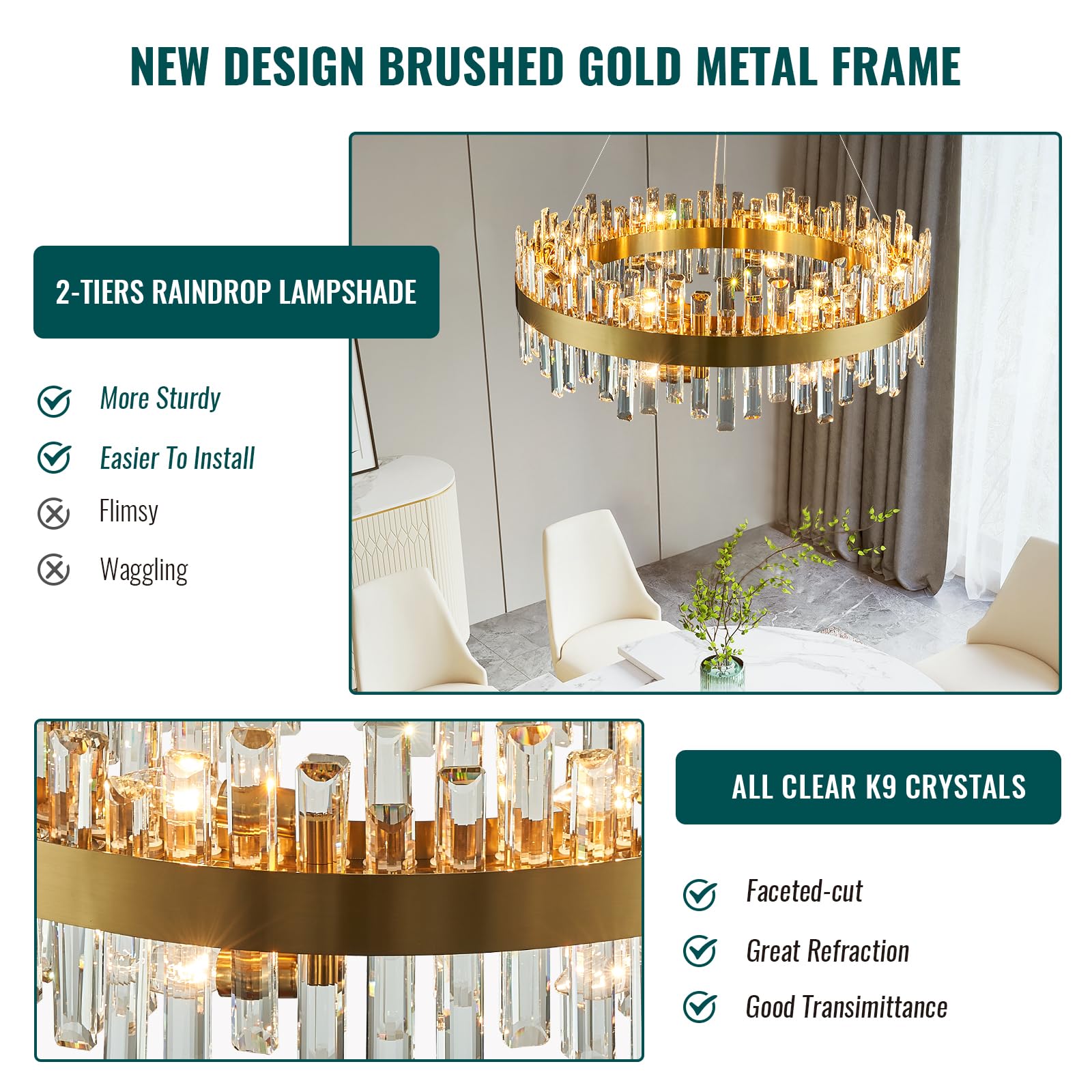 Siljoy Modern Crystal Chandelier 16 Lights Brass Gold Round D31.5in  Clear K9 Crystal Semi Flush Mount for Dining Living Room Bedroom