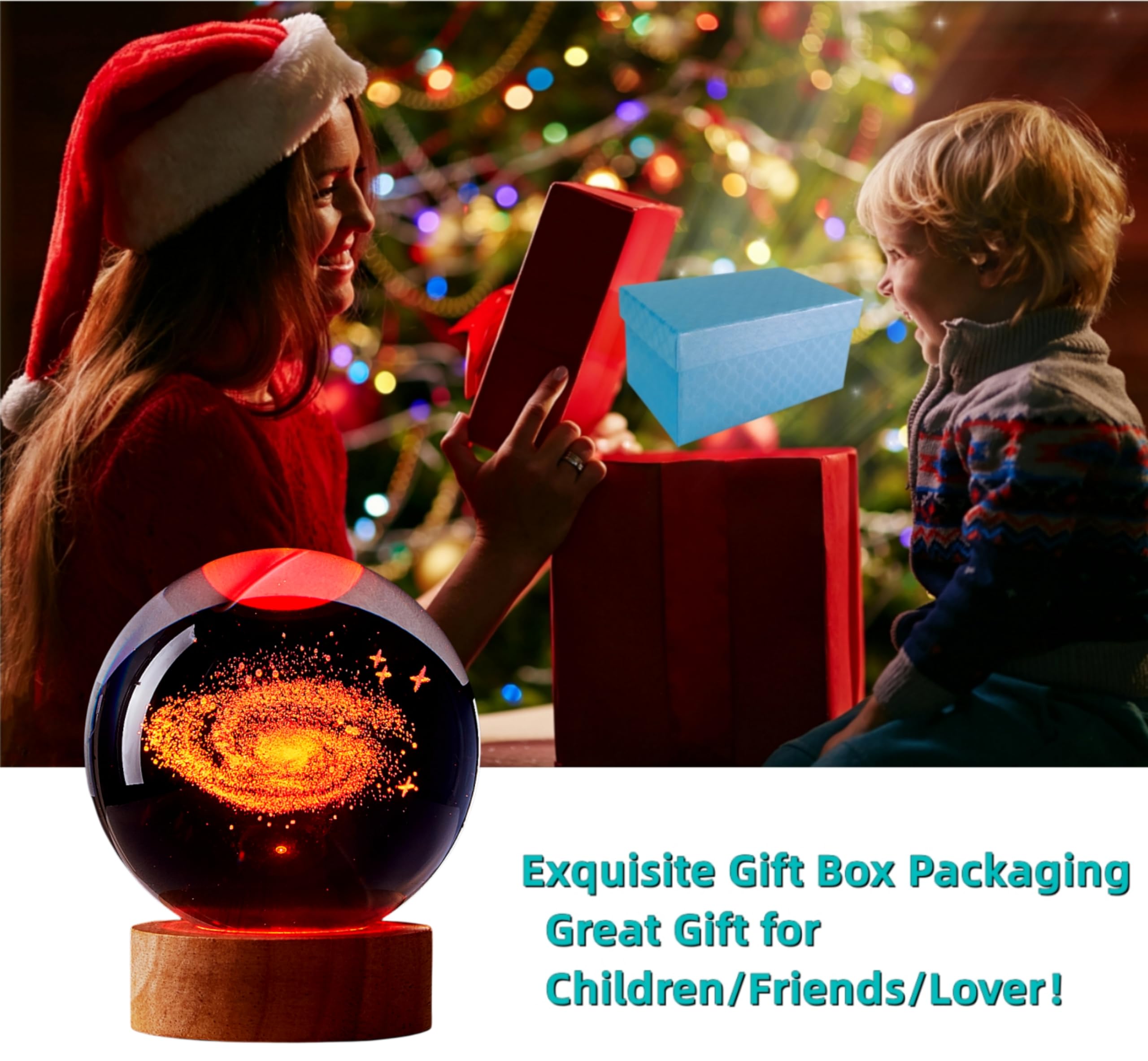 DIGFPWT Galaxy Crystal Ball Night Light, 3.15" LED Lamp, 16 Colors, Gift Box, 3D Solar System Design