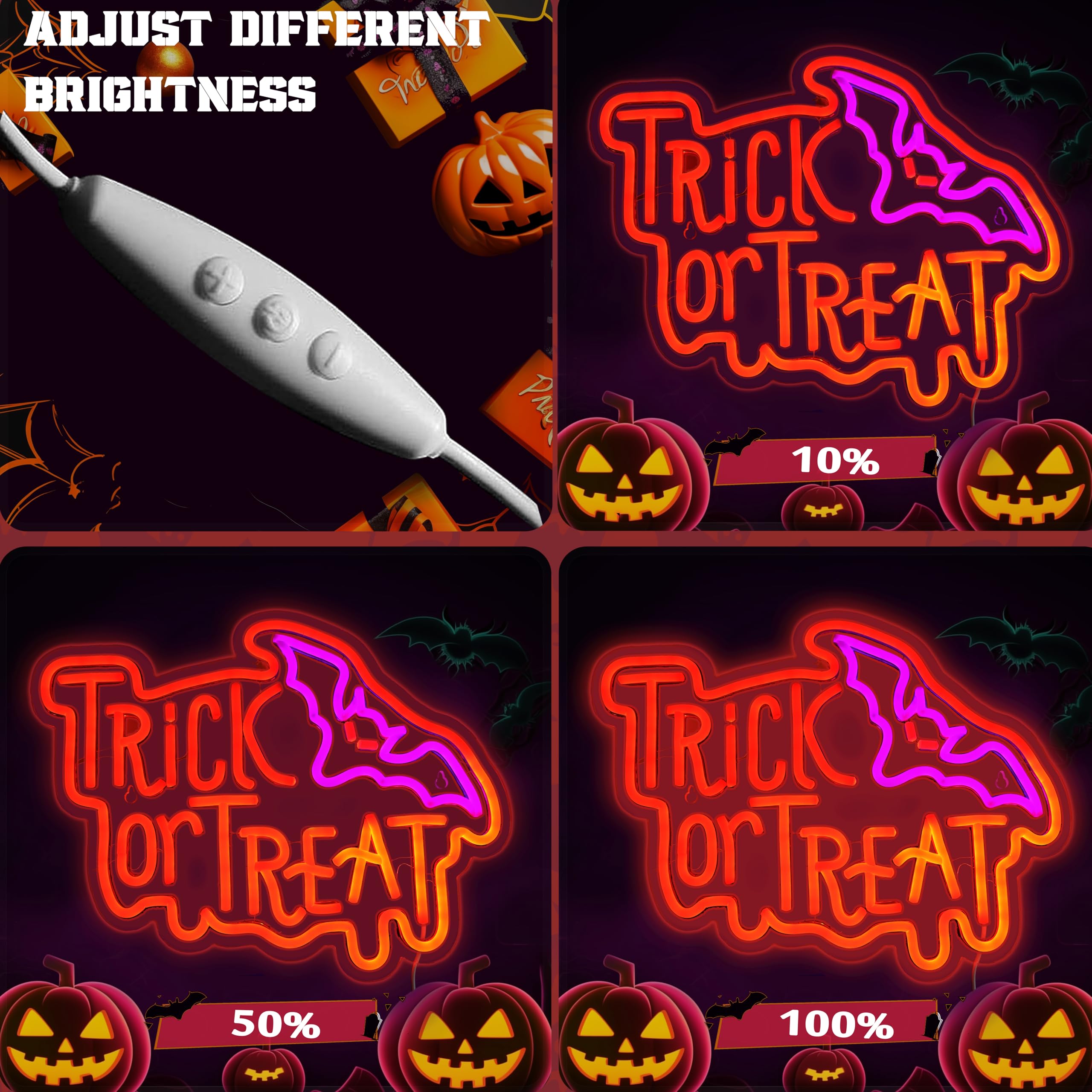 Shellvcase Halloween Neon Sign, Trick or Treat Light, Battery/USB Powered, Adjustable Brightness, 14.9 x 11.6 inches, Acrylic