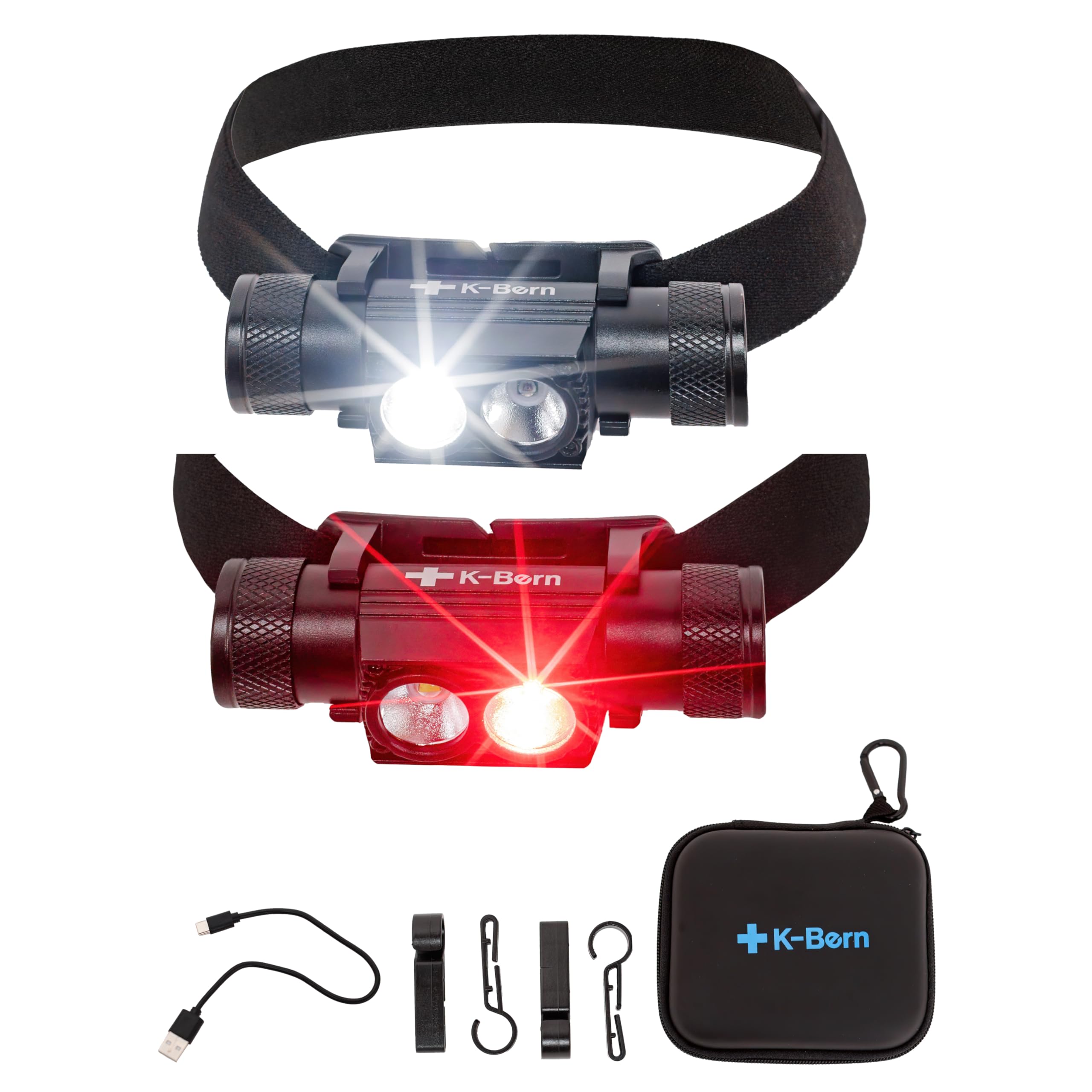 K-Bern Red & White Rechargeable Headlamp.1000 Lumen, Ul Approved 2600 Mah Battery, Super Bright Head Lights Waterproof, Lightwei