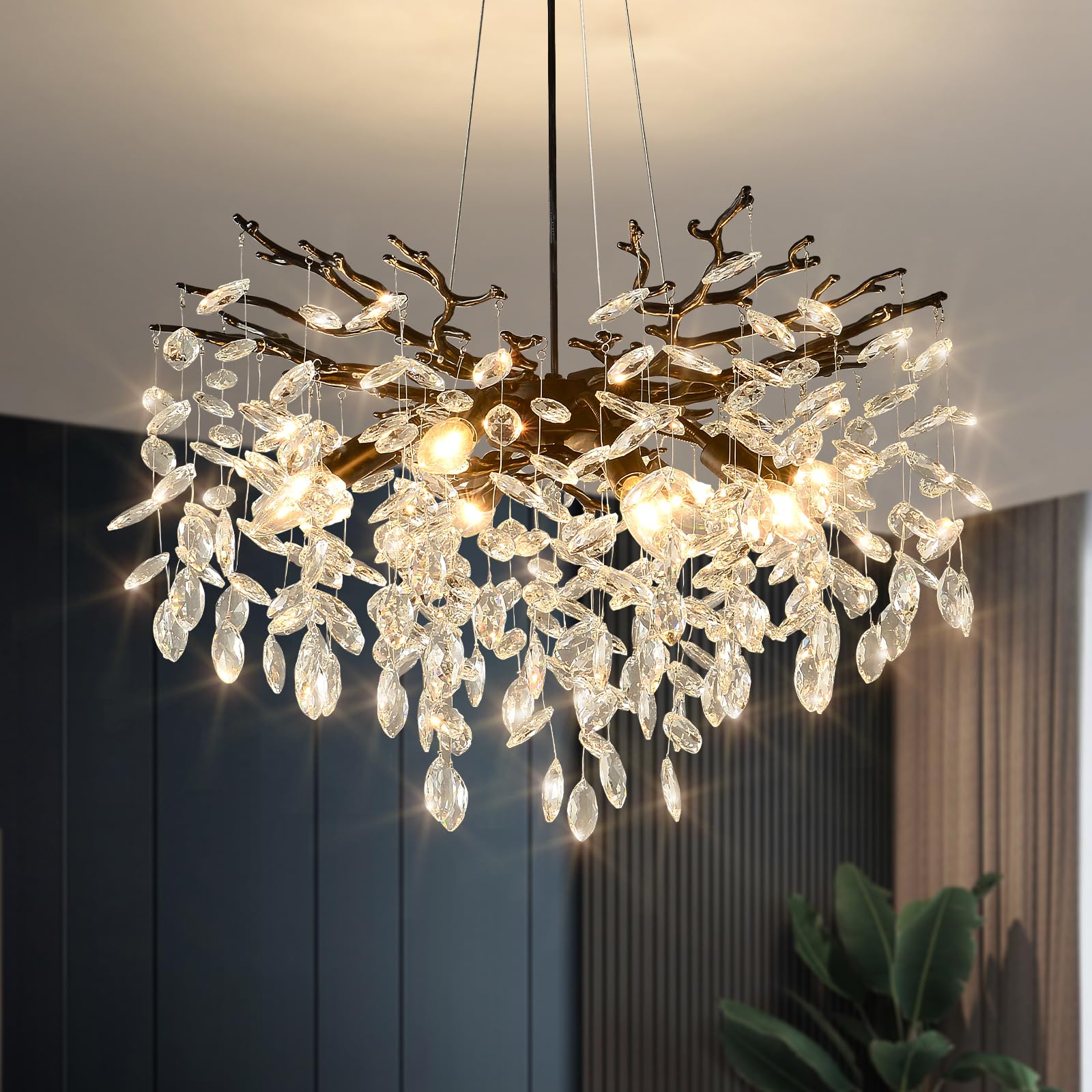 Egm Black 24 Inch Tree Branch Crystal Chandelier, Modern Raindrop Crystal Ceiling Light Fixtures 8-Light(E12), Hanging Round Cha