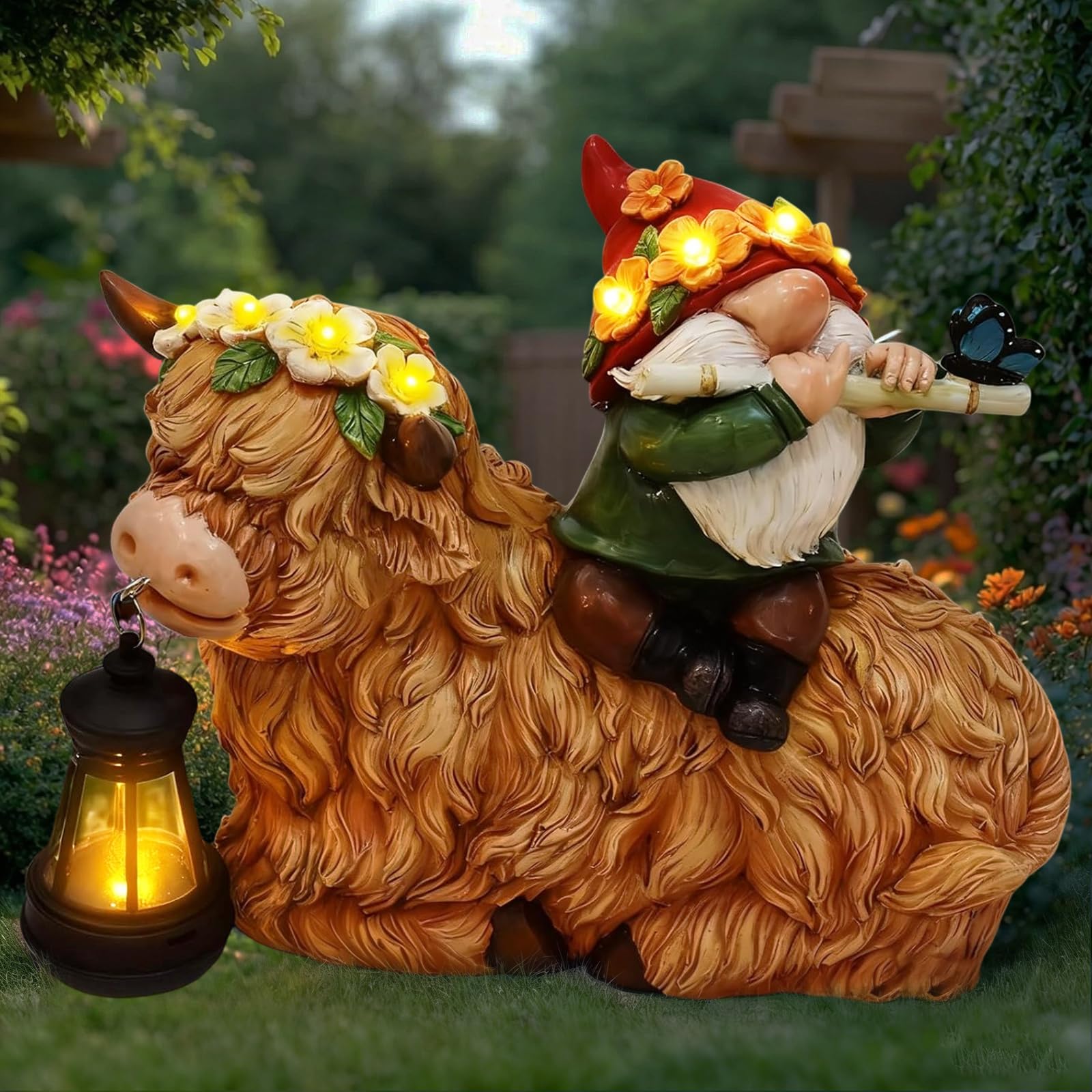 WINTS Solar Highland Cow Gnome Light,9.8 Highland Cow Statue with Lantern for Lawn Yard Outdoor Garden Decorations, Best Gift fo