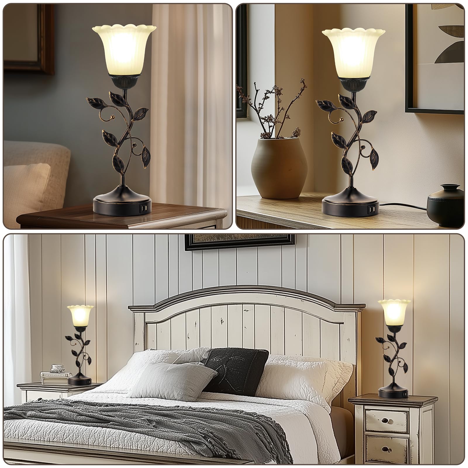Roriano Set Of 2 Touch Bedside Vintage Lamps With 2 Usb Ports, 3-Way Dimmable Flower Lamps, White Glass Shade Rustic Leaf Lamp F