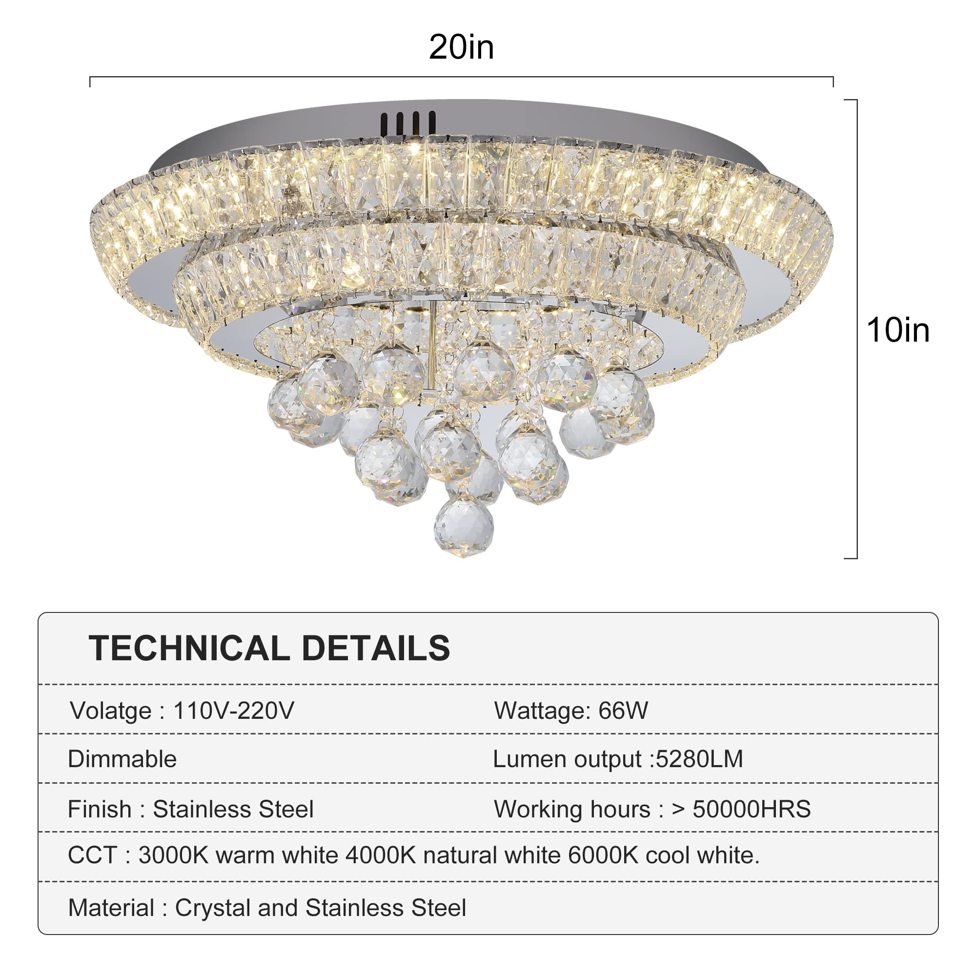 Miuyhji Elegant Led Crystal Raindrop Ceiling Light,20'' Flush Mount Chandelier Light Fixture With Remote Control For Living Room