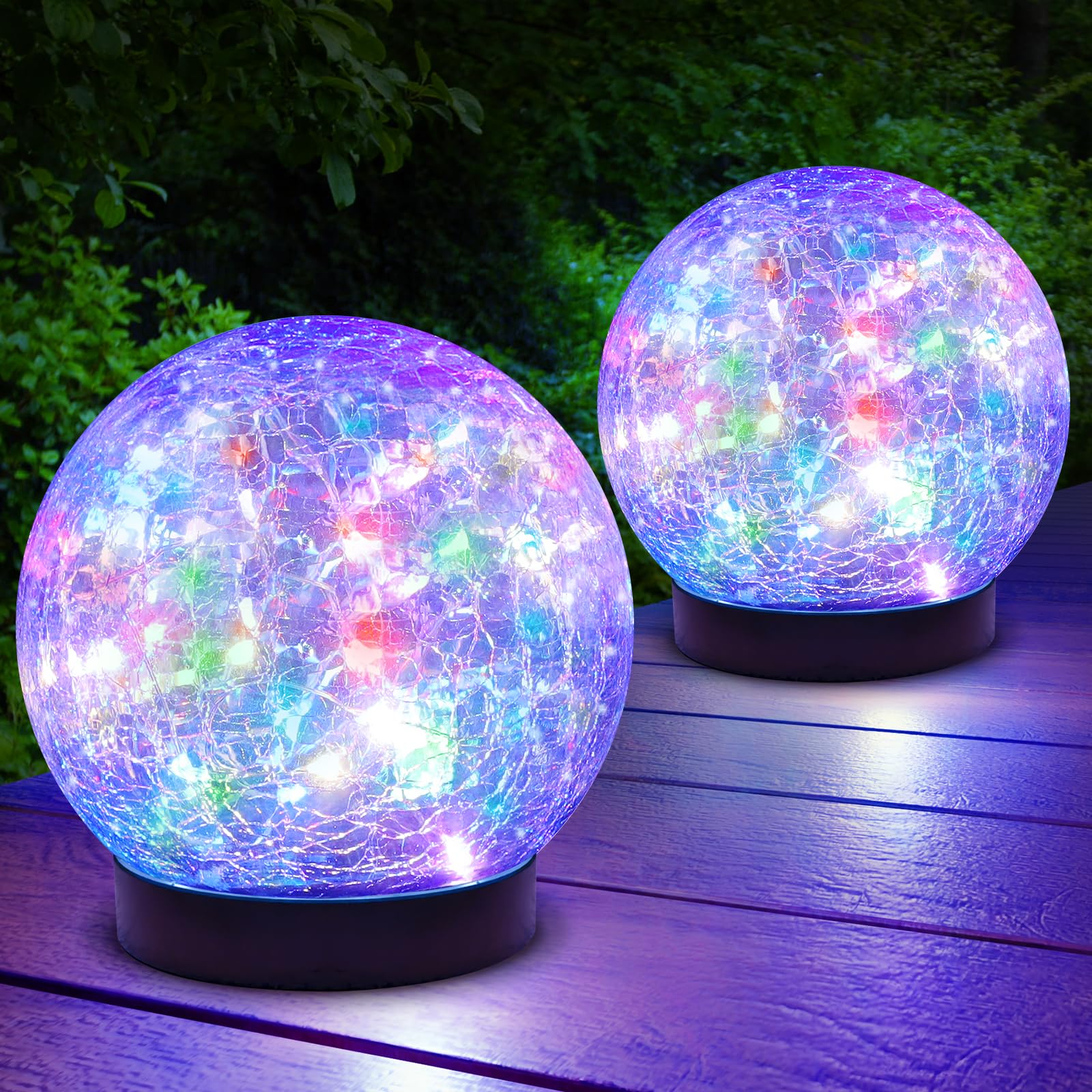 ASOMST Solar Garden Lights 2-Pack, Waterproof Colored  ed Glass Ball, Multicolor Globe Lighting for Outdoor Yard