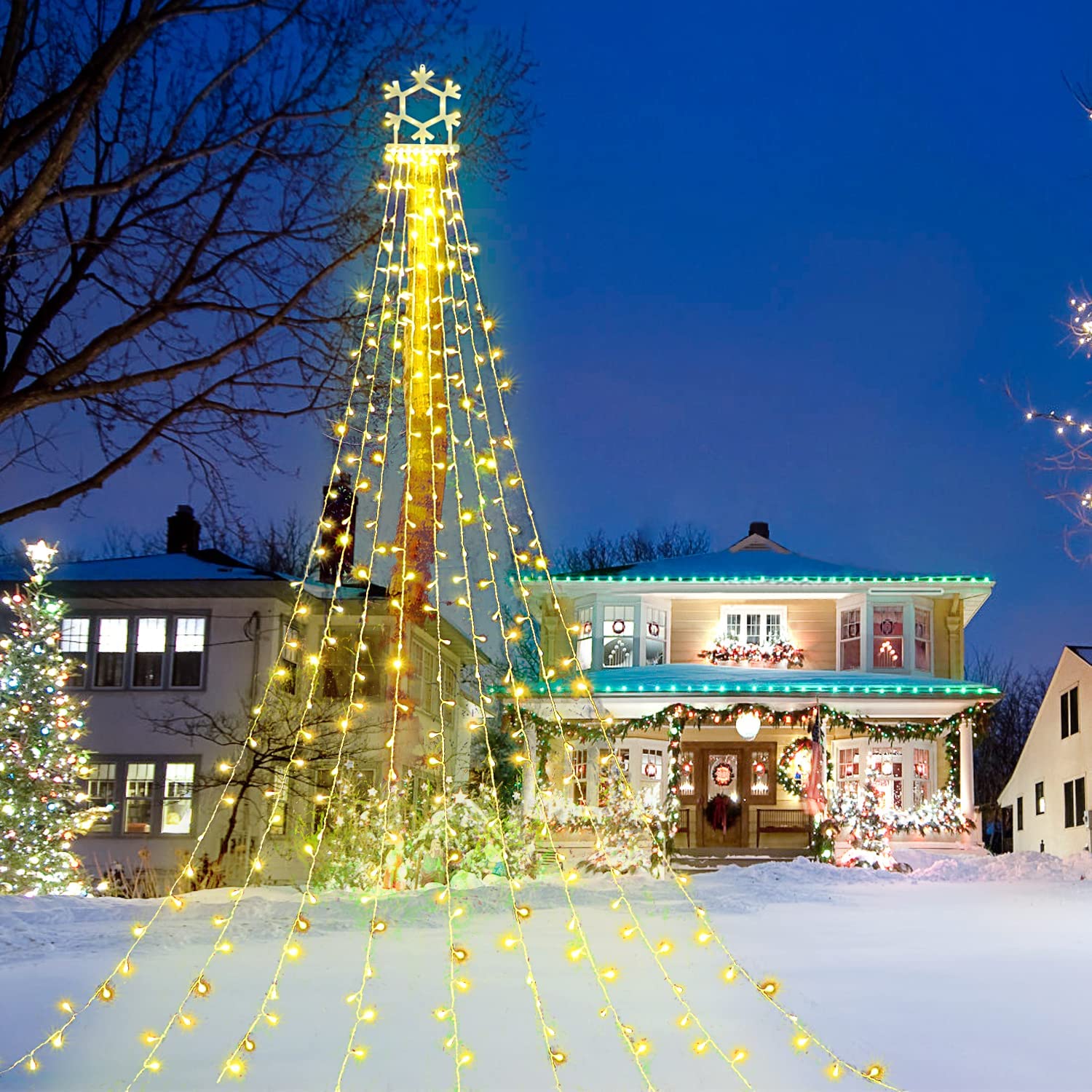 Puhong 320 Led Christmas Lights, 16.4Ft Waterproof Fairy Lights With Lighted Snowflake - Warm White