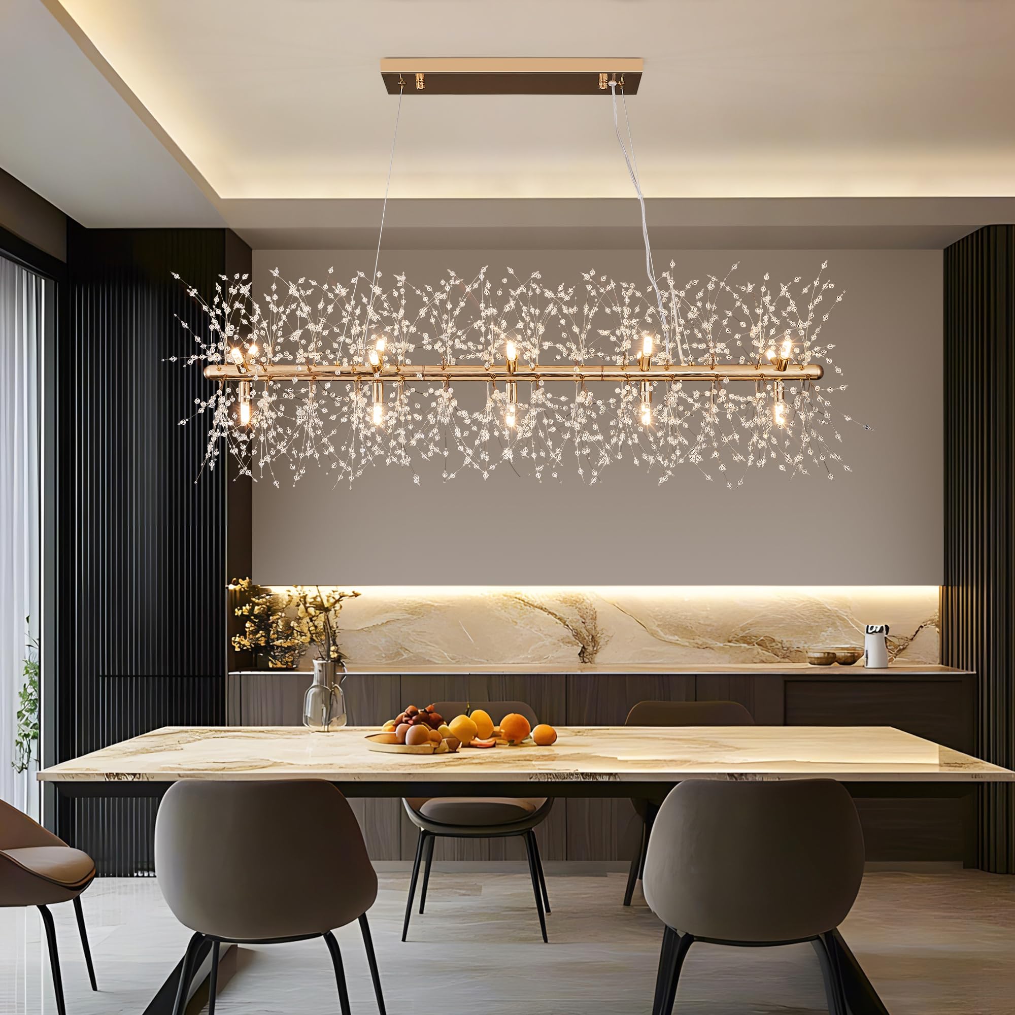 Modern 47.2'' Modern Gold Crystal Firework Chandelier, 15-Light Pendant Light Fixture, Rectangle Linear Sputnik Dandelion Chande