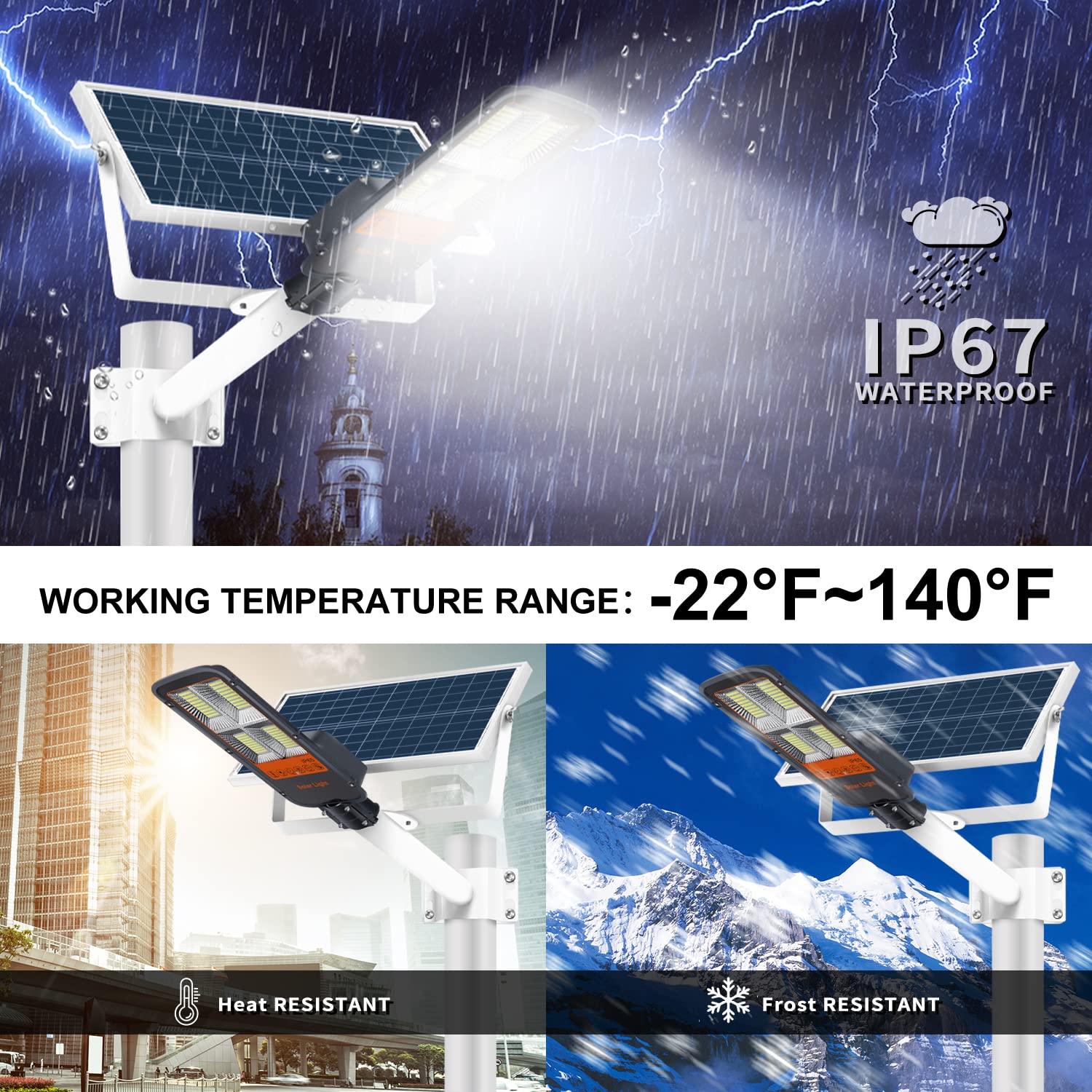 Gebosun 300W LED Solar Street Light with Remote Control, Dusk to Dawn, Motion Sensor, Waterproof, Black