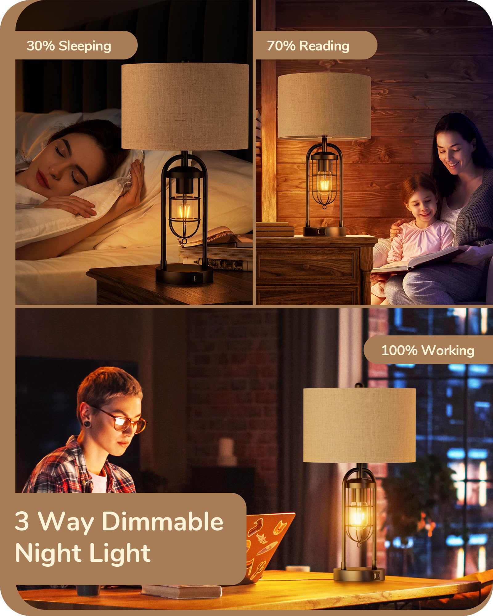 EDISHINE Farmhouse Table Lamp with Night Light, 22.84 Bedside Lamps Set of 2 with A+C USB Ports, 3 Way Dimmable Nightstand Lamp