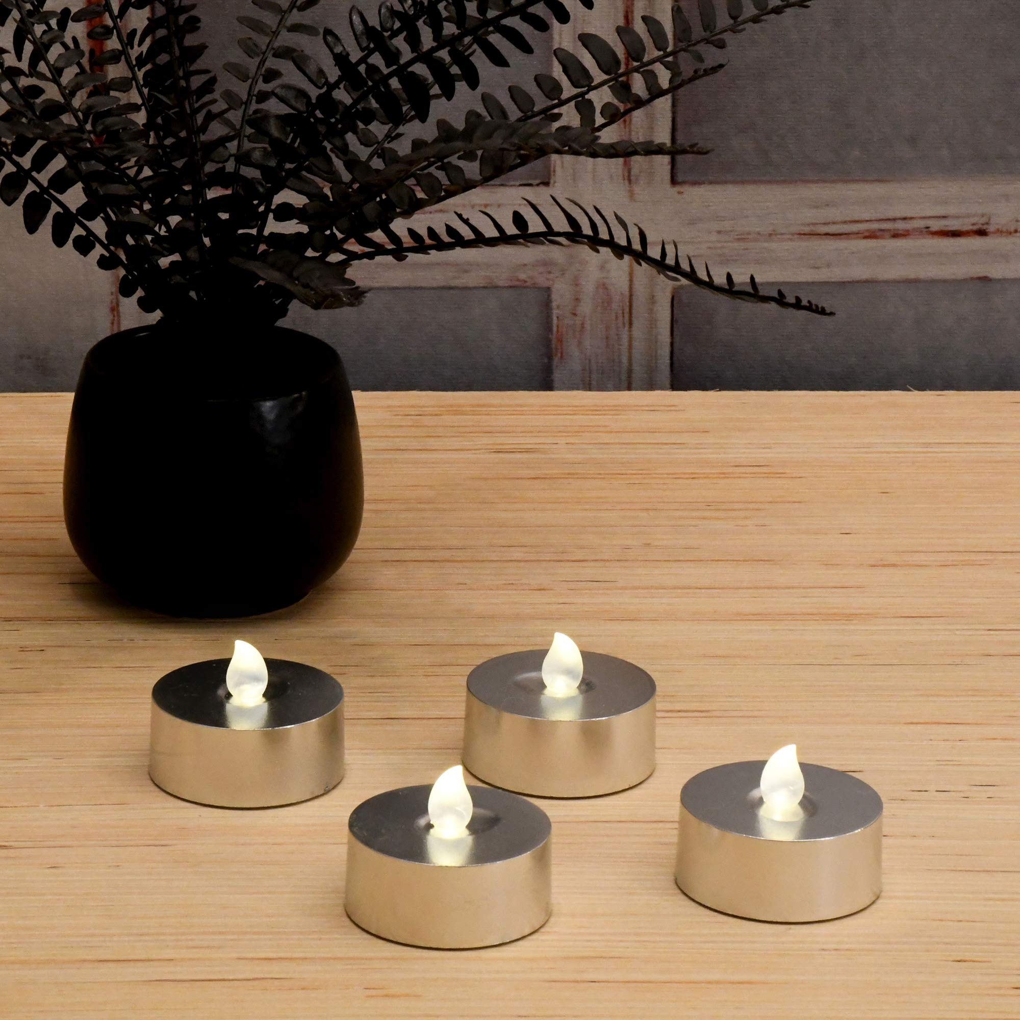 Lumabase Extra Large Silver Battery Operated Tea Lights Set of 4 with Remote Control, Model 84104, Plastic Material