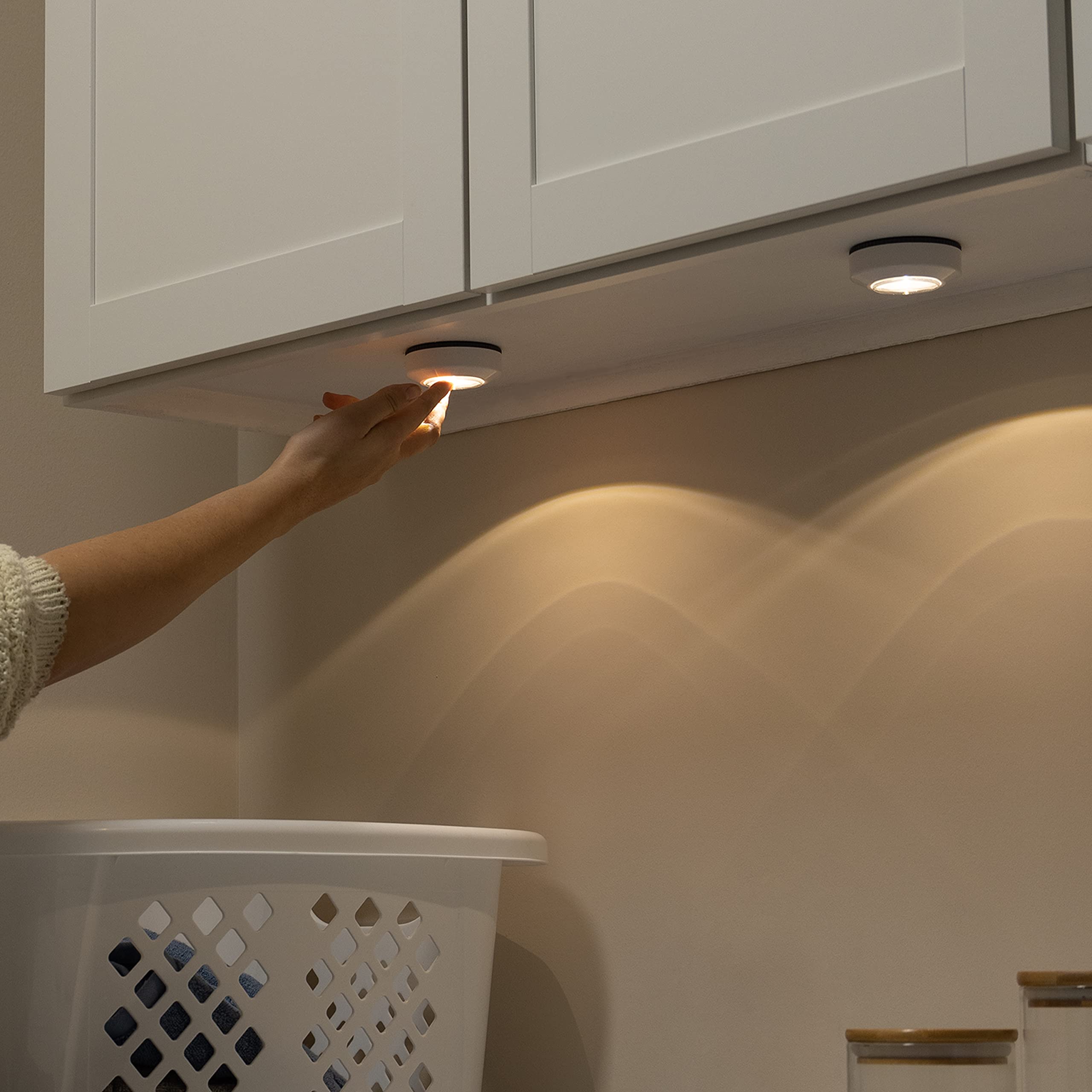 Amazon Basics Led Puck Lights, Battery Operated, 50 Lumens 2 Pack, Tap Light, Stick On Lights, Under Cabinet Lighting, Ideal For Kitchen Cabinets, Closets, Garage And More, White