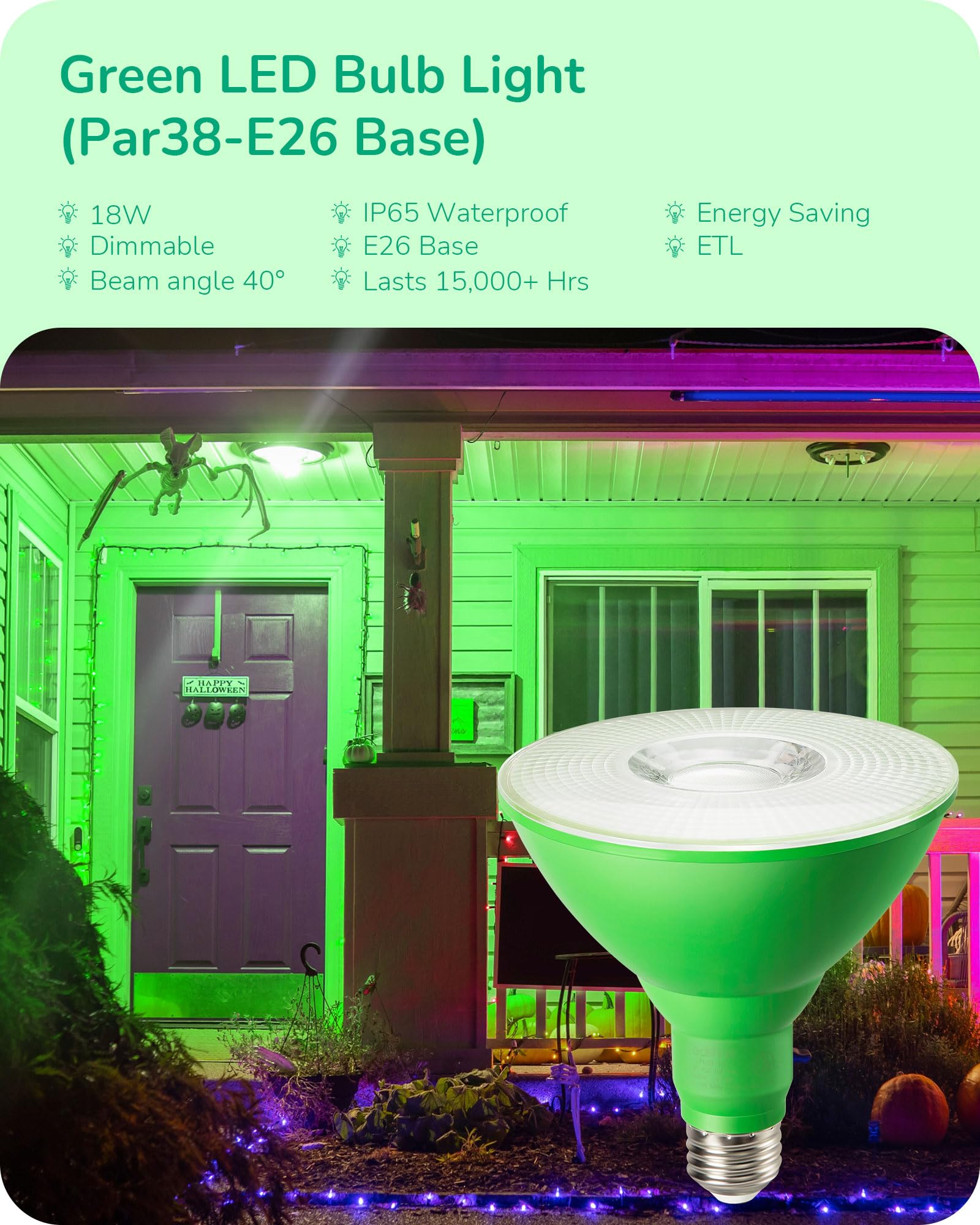 EDISHINE PAR38 Green LED Flood Light Bulbs, Dimmable 18W (120W Equivalent), E26 Base, ETL Listed, 4 Pack - Ideal for St. Patrick's