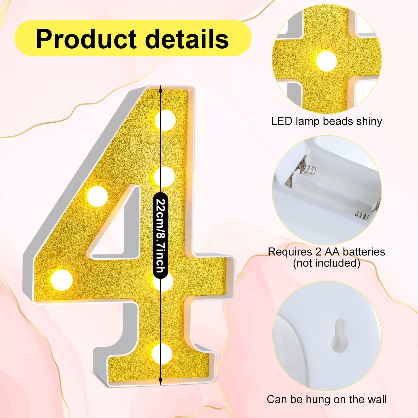 Treela LED Number Sign - 8.7in  Glitter Marquee for 40th Birthday Party Decorations, Gold