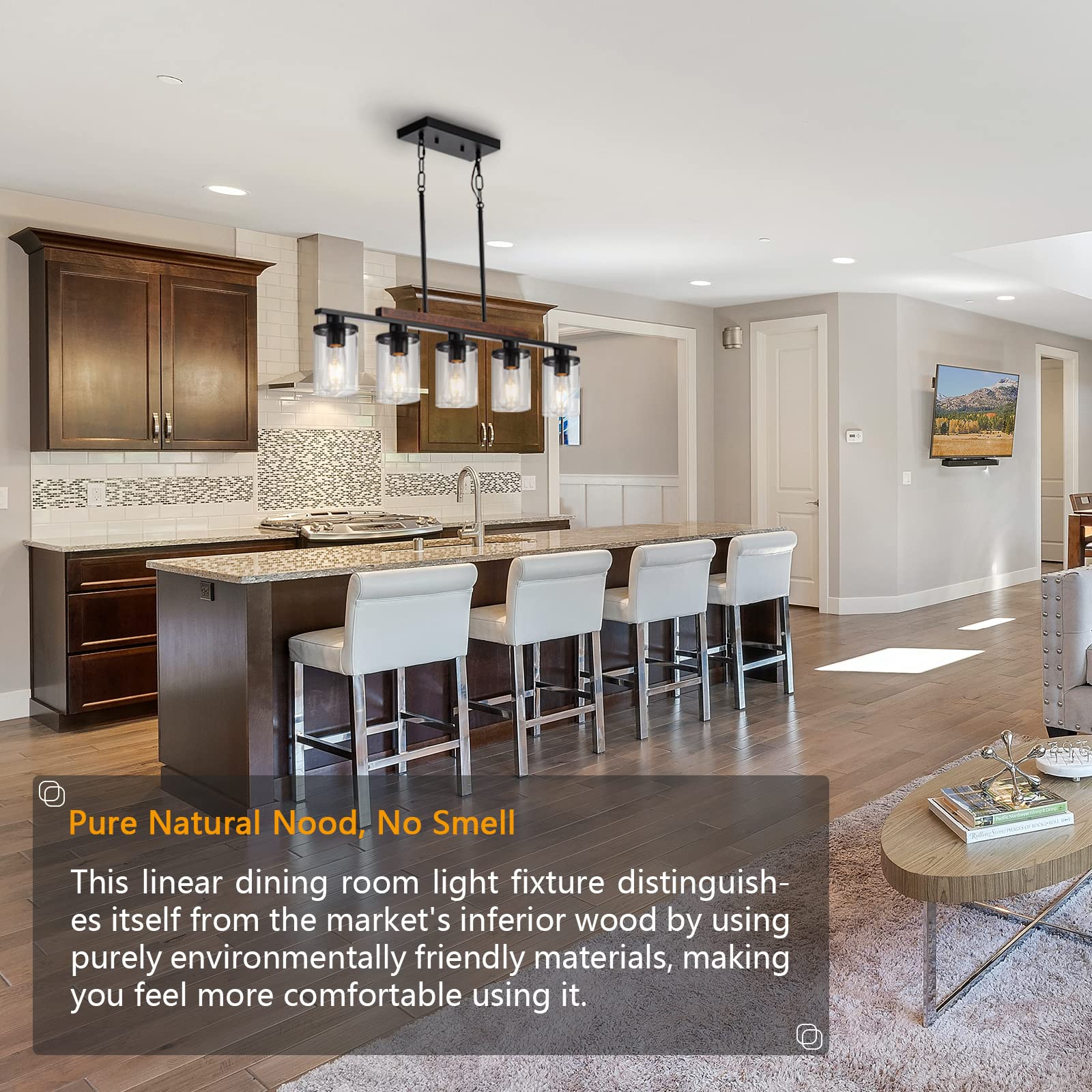 Nsrce 5-Light Farmhouse Linear Chandelier, Black Metal With Clear Glass Shade, Rustic Pendant Light