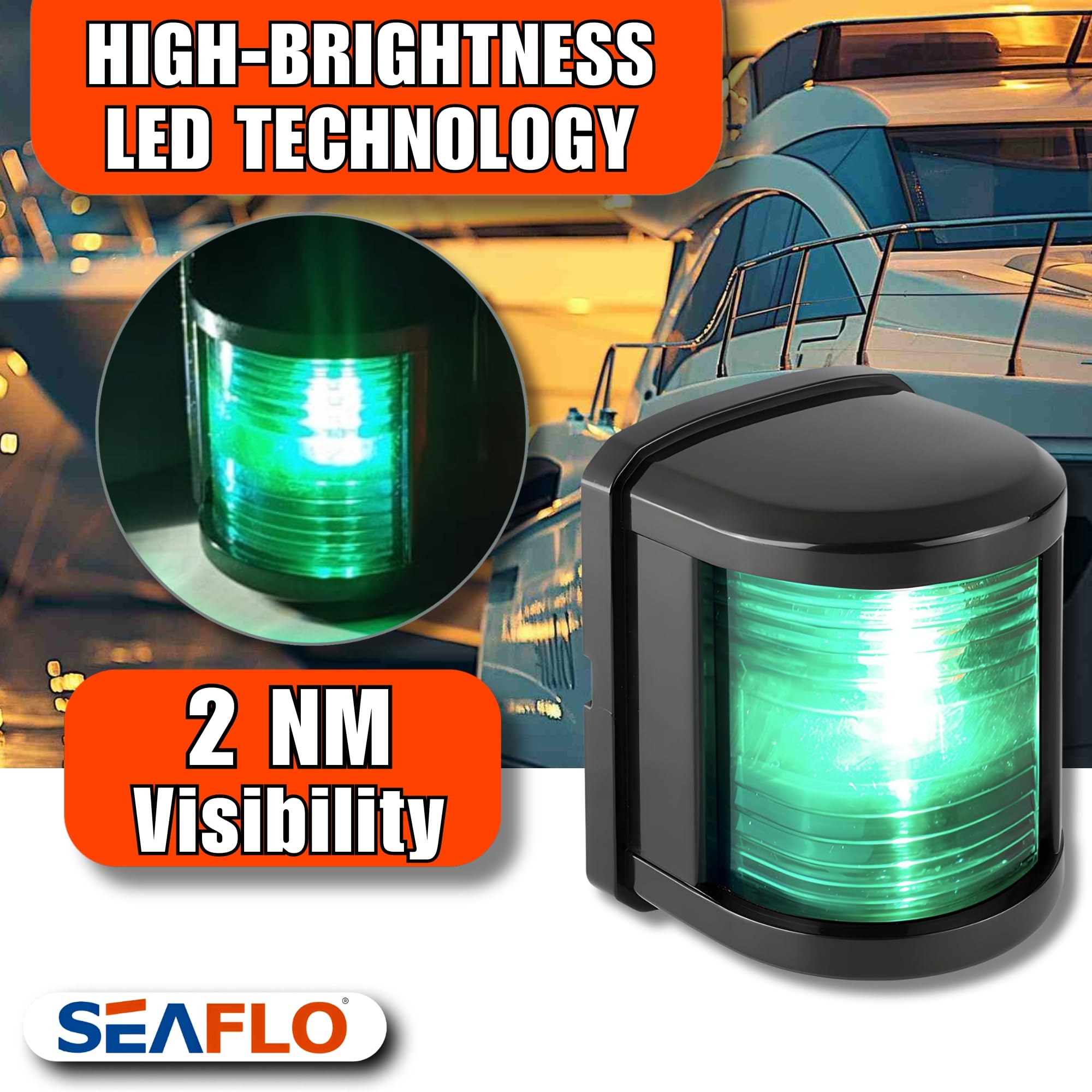 SEAFLO LED Green Starboard Navigation Light – 12V, 1W, IP67 Waterproof, 2NM Visibility, Regular Size, Model SFNL011-RB-02