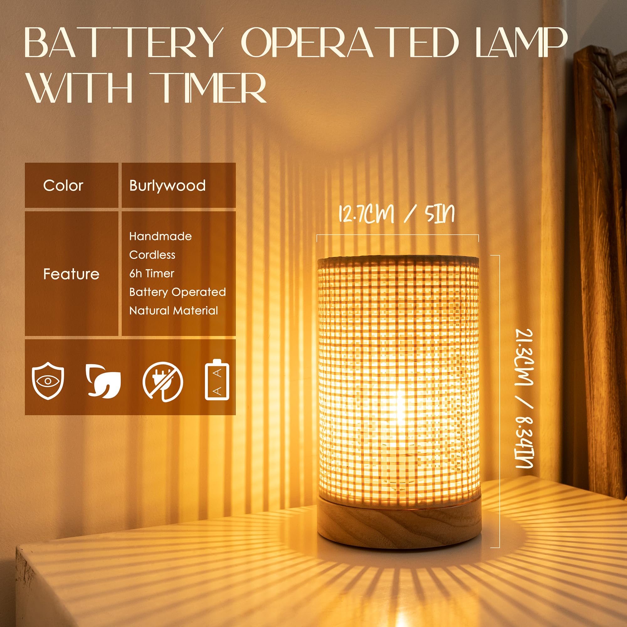 Lusharbor Battery Operated Lamp With Timer, Rattan Boho Table Light Battery Powered Beside Lamps Small Cordless Lamp For Kids Ro
