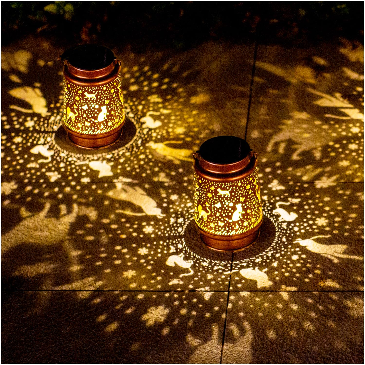 2 Pack Cat Outdoor Solar Hanging Lanterns Waterproof LED Solar Lights Metal Decorative Lanterns for Garden, Patio, Courtyard, Ba