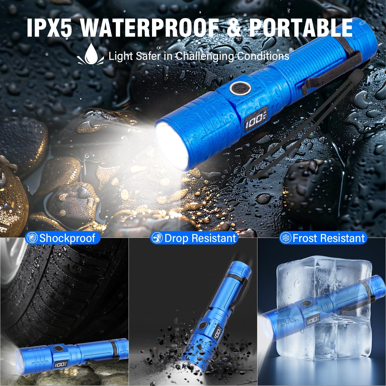 NetCan LED Flashlight, Rechargeable Tactical Light, 6 Modes, Zoomable, Waterproof, Black+Blue, Model K2312