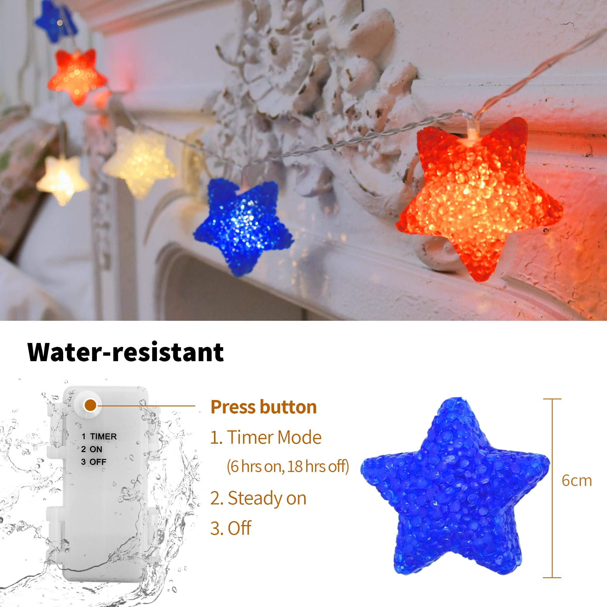 Yolight 4Th Of July Decorations, Red White Blue Lights Star String Lights Battery Operated 6.5Ft 10 Led Patriotic Fairy Lights With Timer For Independence Day Memorial Day Decor, Indoor & Outdoor
