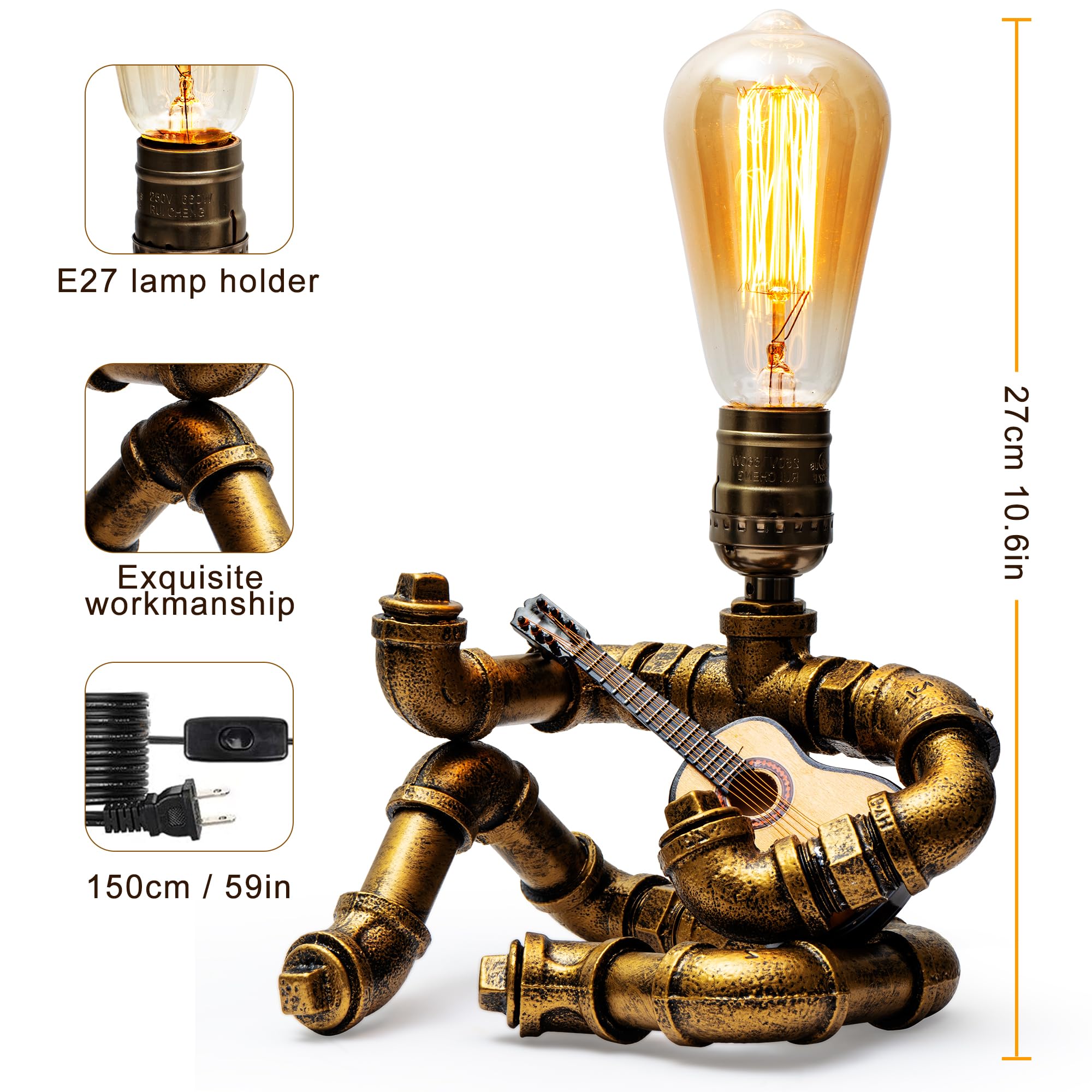 Lcyy.Tg Steampunk Guitar Table Lamp, Industrial Metal Design, Bronze Finish, Perfect Gift For Music Lovers