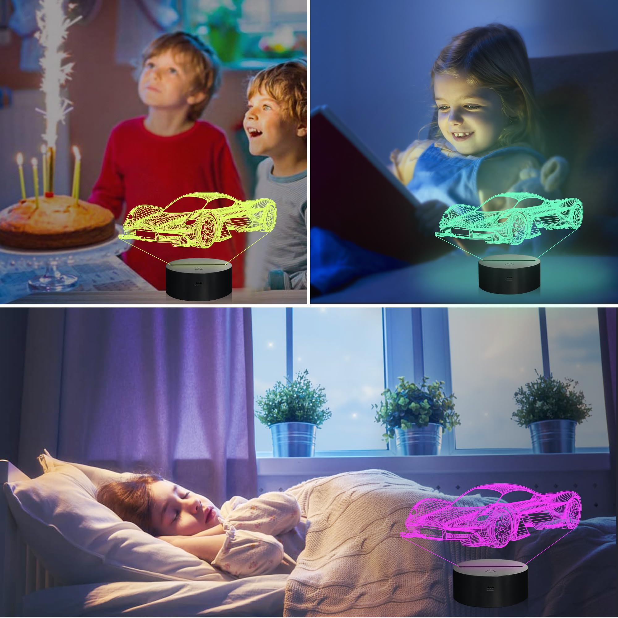 Attivolife Car 3D Night Light - Sports Racing Illusion Lamp, 16 Colors, Remote Control, Acrylic, Model FS-4002, Kids Bedroom Decor