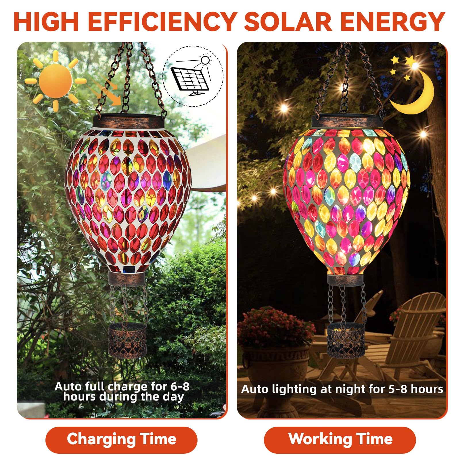 Voreen Hot Air Balloon Solar Lantern  Handmade Mosaic Solar Outdoor Hanging Wind Light  Waterproof  Patio Festive Decor  Gift For Mom Wife Friend  Red