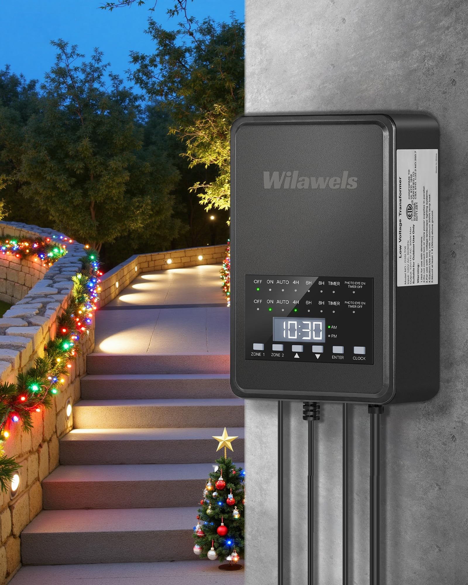 WILAWELS 300W Low Voltage Landscape Transformer, 2 Zone Control, 120VAC to 12/14V AC, Timer & Photocell Sensor, Black, Model D26LT