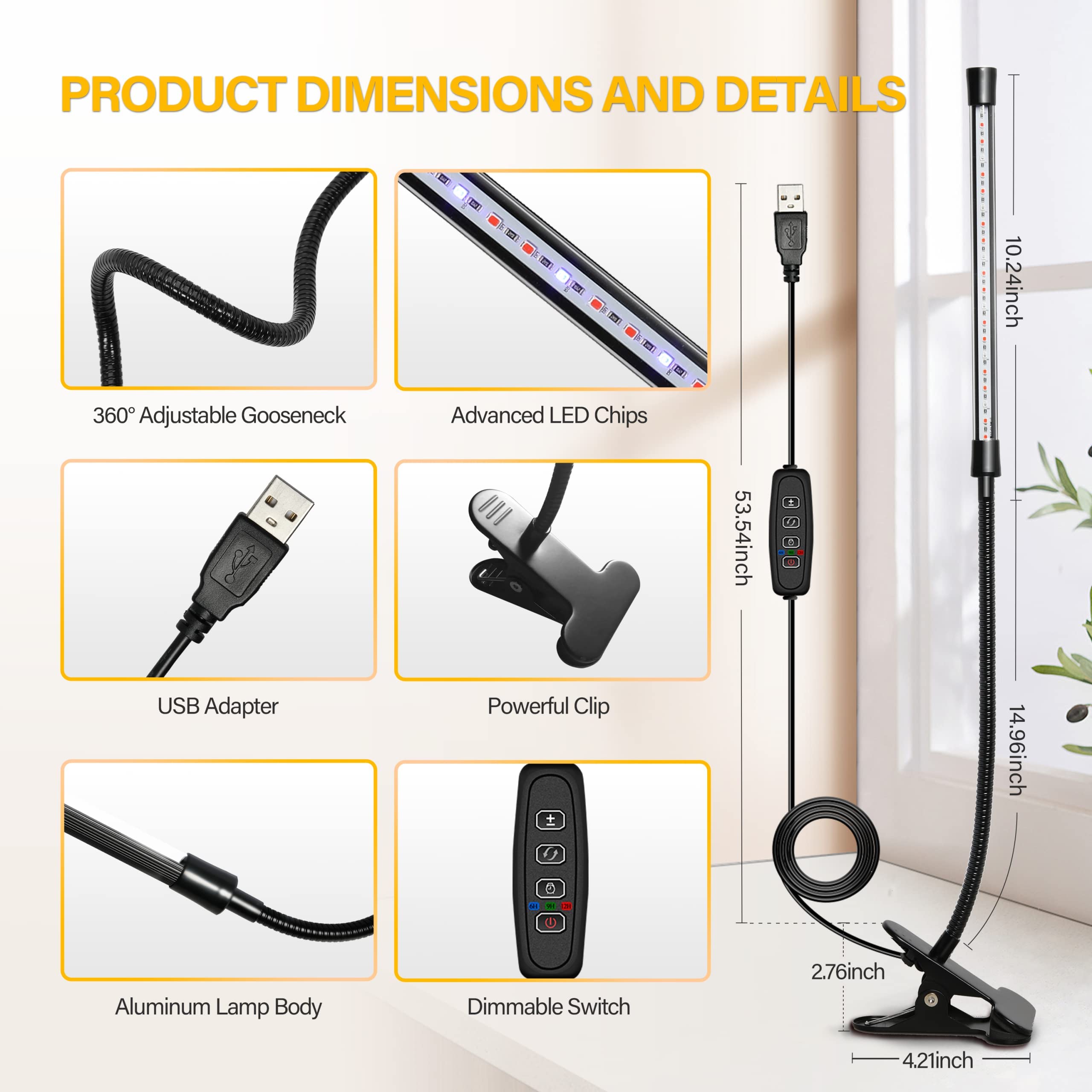 iPower 21 LED Grow Light - Full Spectrum, Adjustable Gooseneck, 2 Pack, Yellow, 10 Dimmable Levels, Auto Timer
