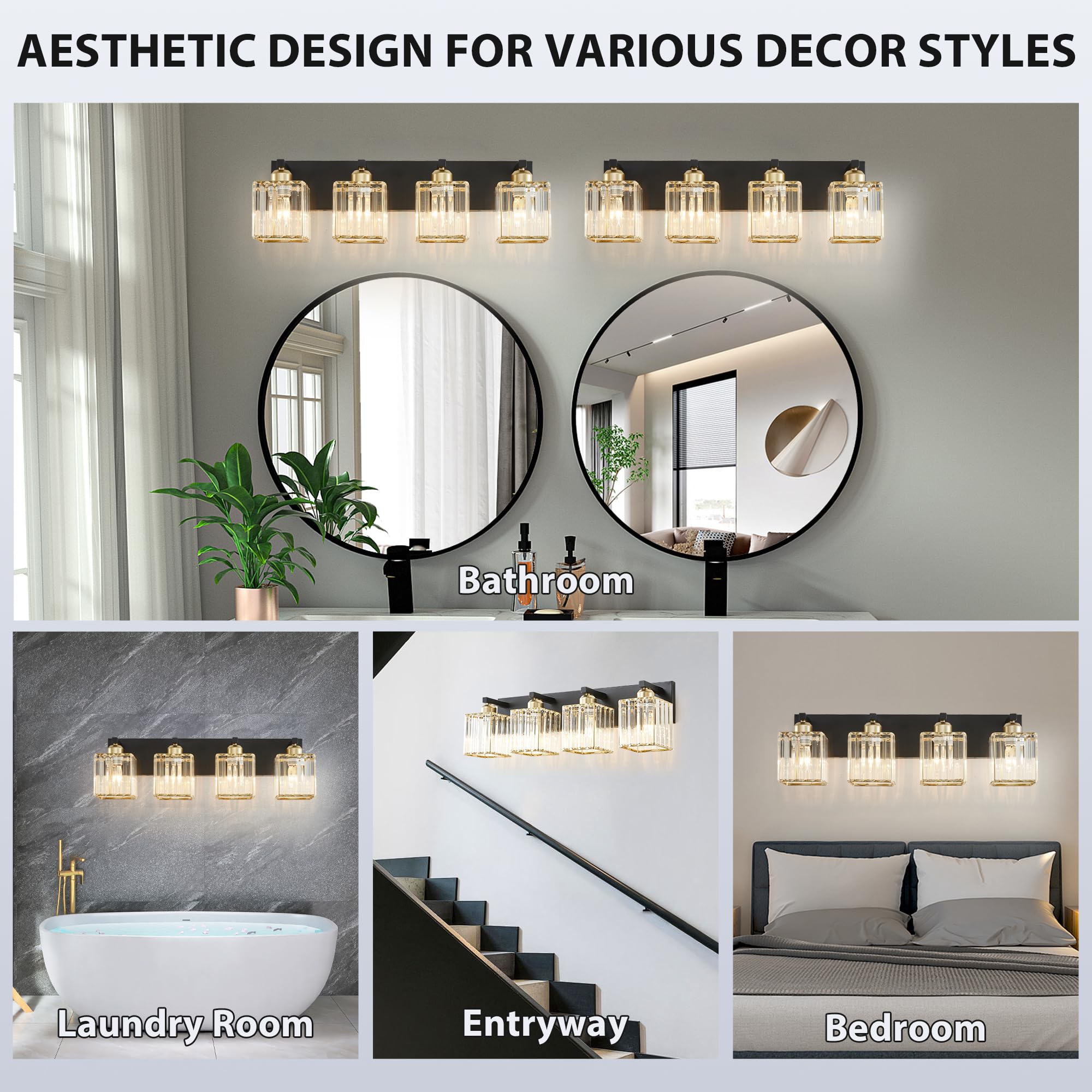 Bathroom Vanity Light Fixtures Over Mirror 4 Crystal Lights - Makeup Lighting Black Gold - For Modern Wall  Bath  Desk  Farmhouse  Hallway