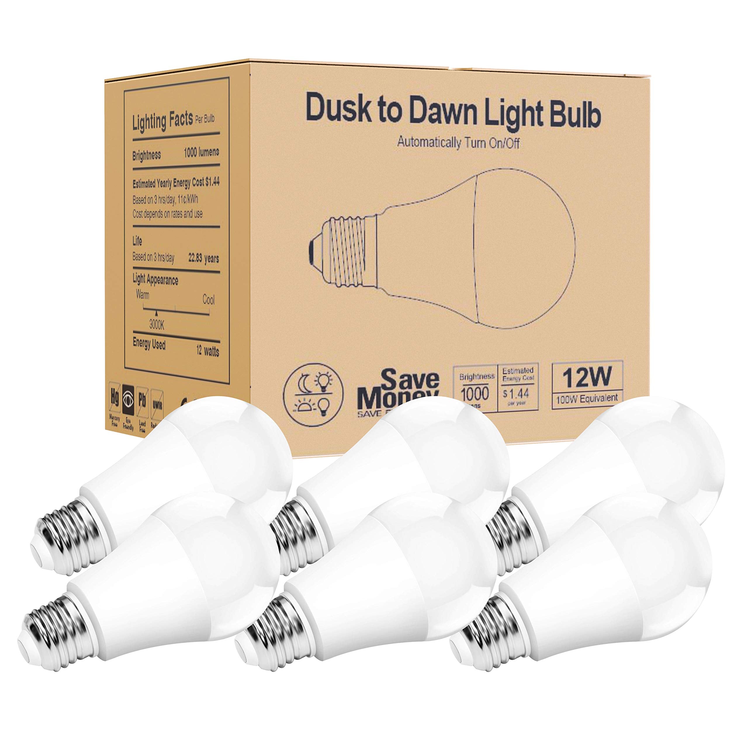 Torkase Outdoor Dusk To Dawn Light Bulbs, 12W(100W Equivalent), E26 3000K, Built-In Photocell Detector, Automatic On/Off, Smart